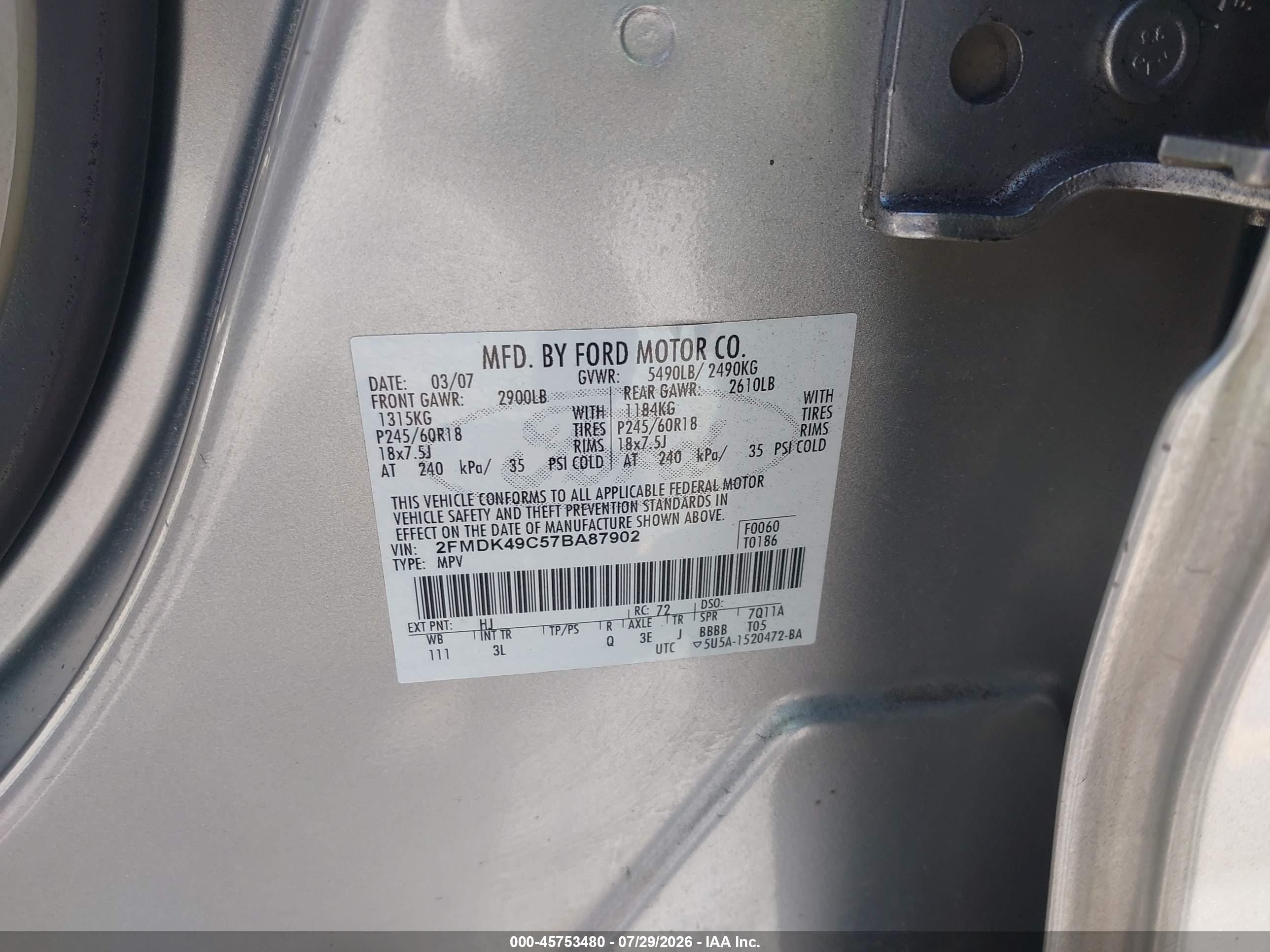2007 Ford Edge Sel Plus Серый vin: 2FMDK49C57BA87902