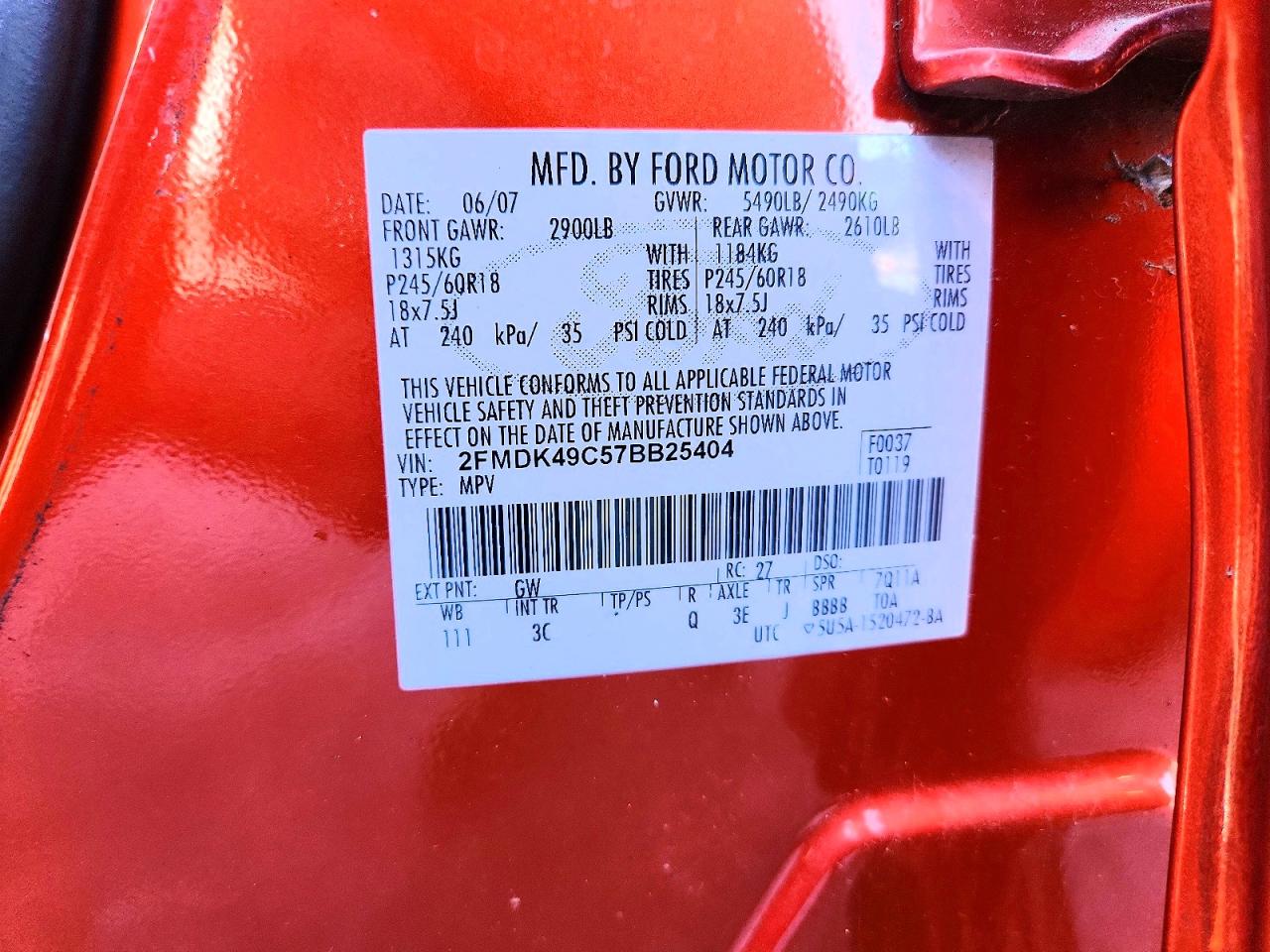 2007 Ford Edge Sel Plus Orange vin: 2FMDK49C57BB25404