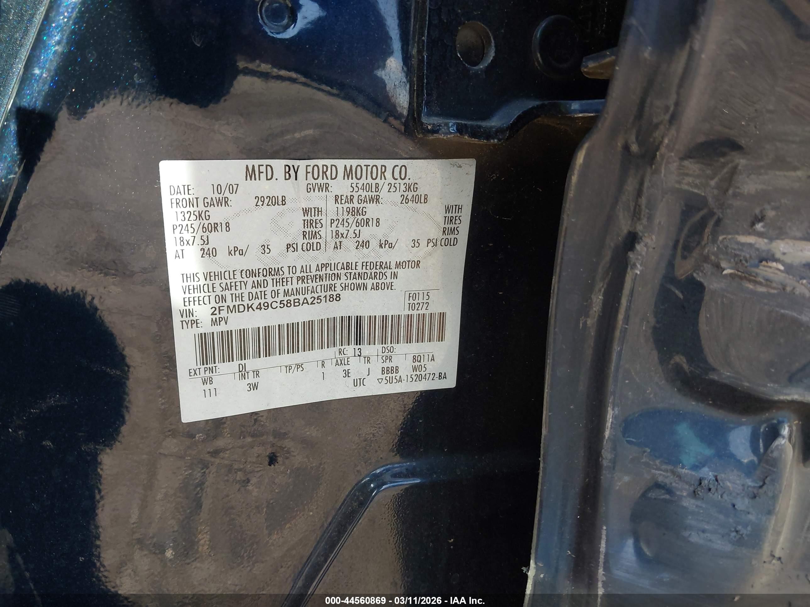 2008 Ford Edge Limited Blue vin: 2FMDK49C58BA25188