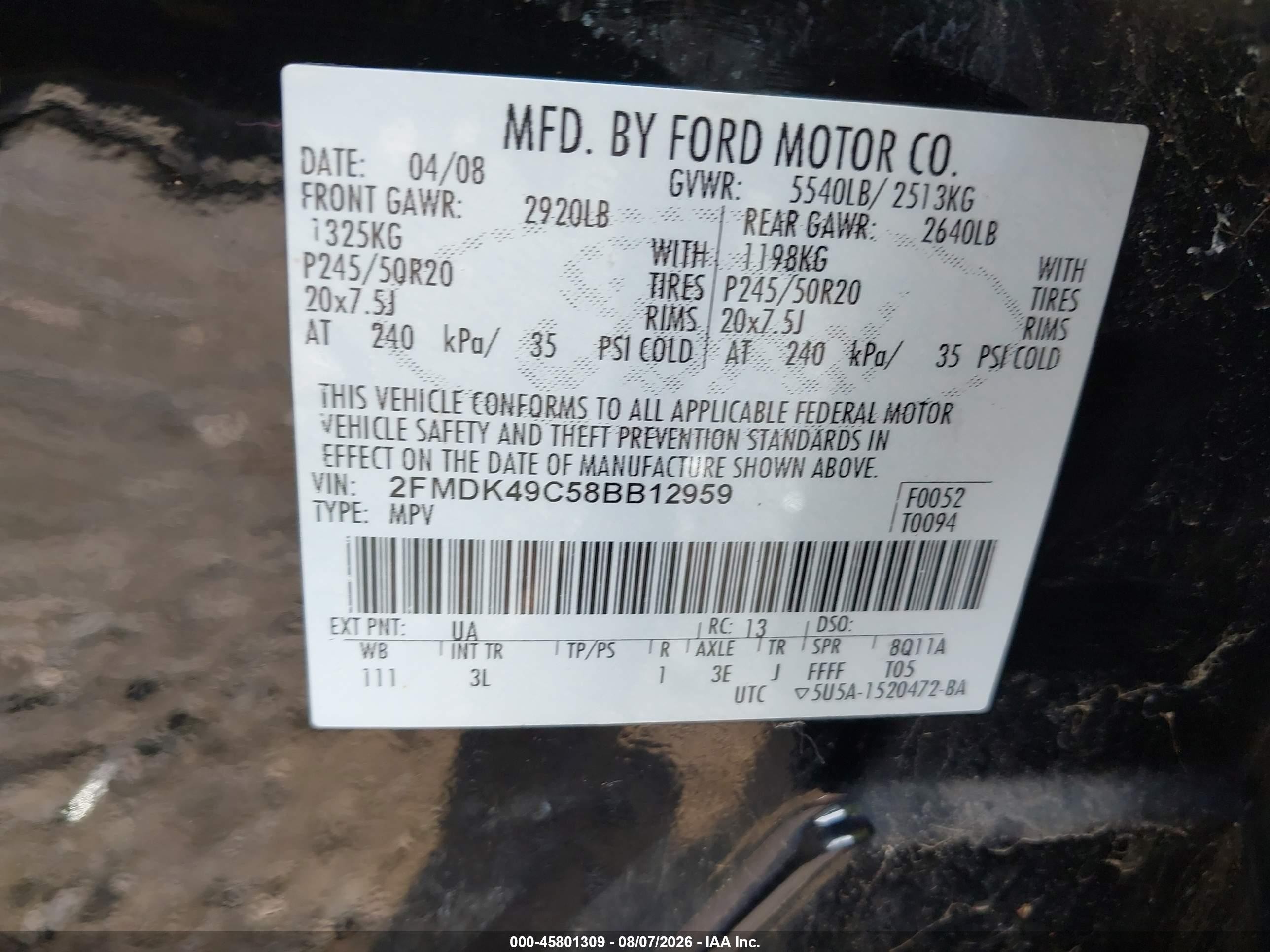 2008 Ford Edge Limited Черный vin: 2FMDK49C58BB12959