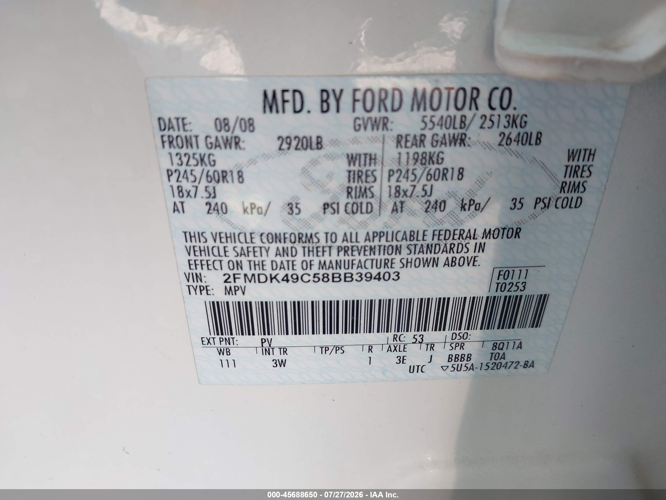 2008 Ford Edge Limited White vin: 2FMDK49C58BB39403
