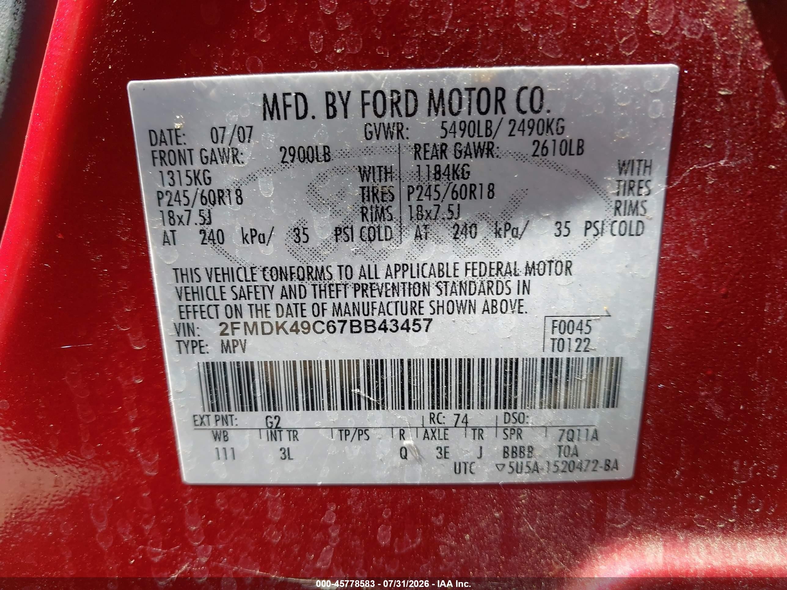 2007 Ford Edge Sel Plus Burgundy vin: 2FMDK49C67BB43457