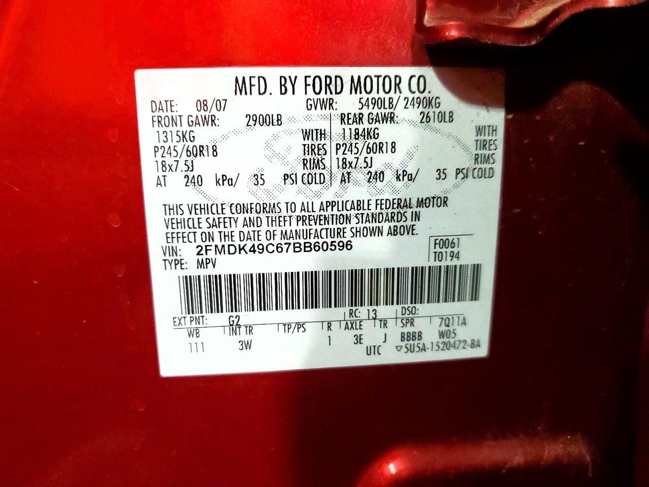 2007 Ford Edge Sel Plus Red vin: 2FMDK49C67BB60596