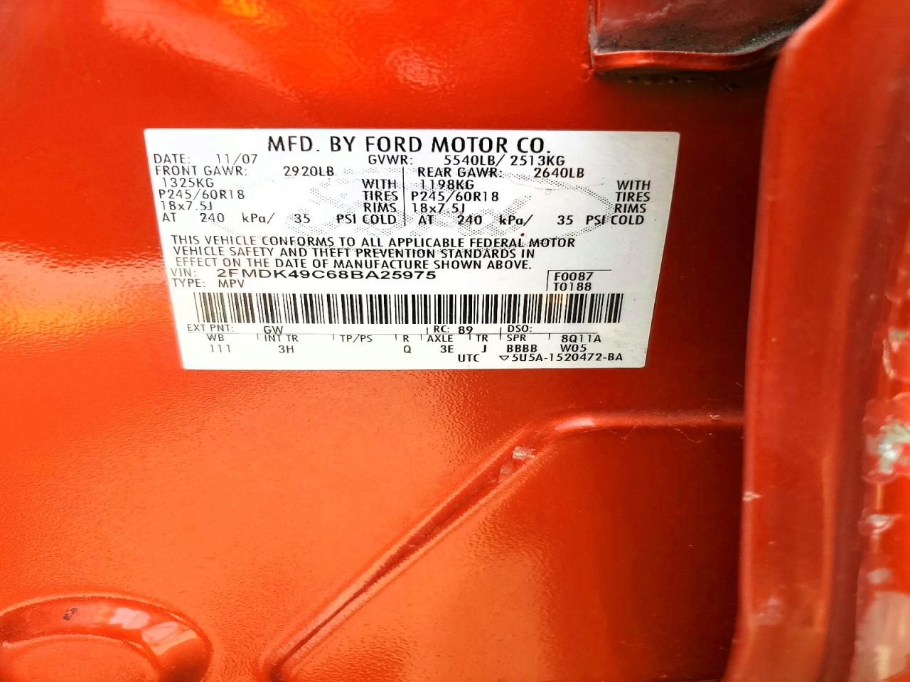 2008 Ford Edge Limited Orange vin: 2FMDK49C68BA25975
