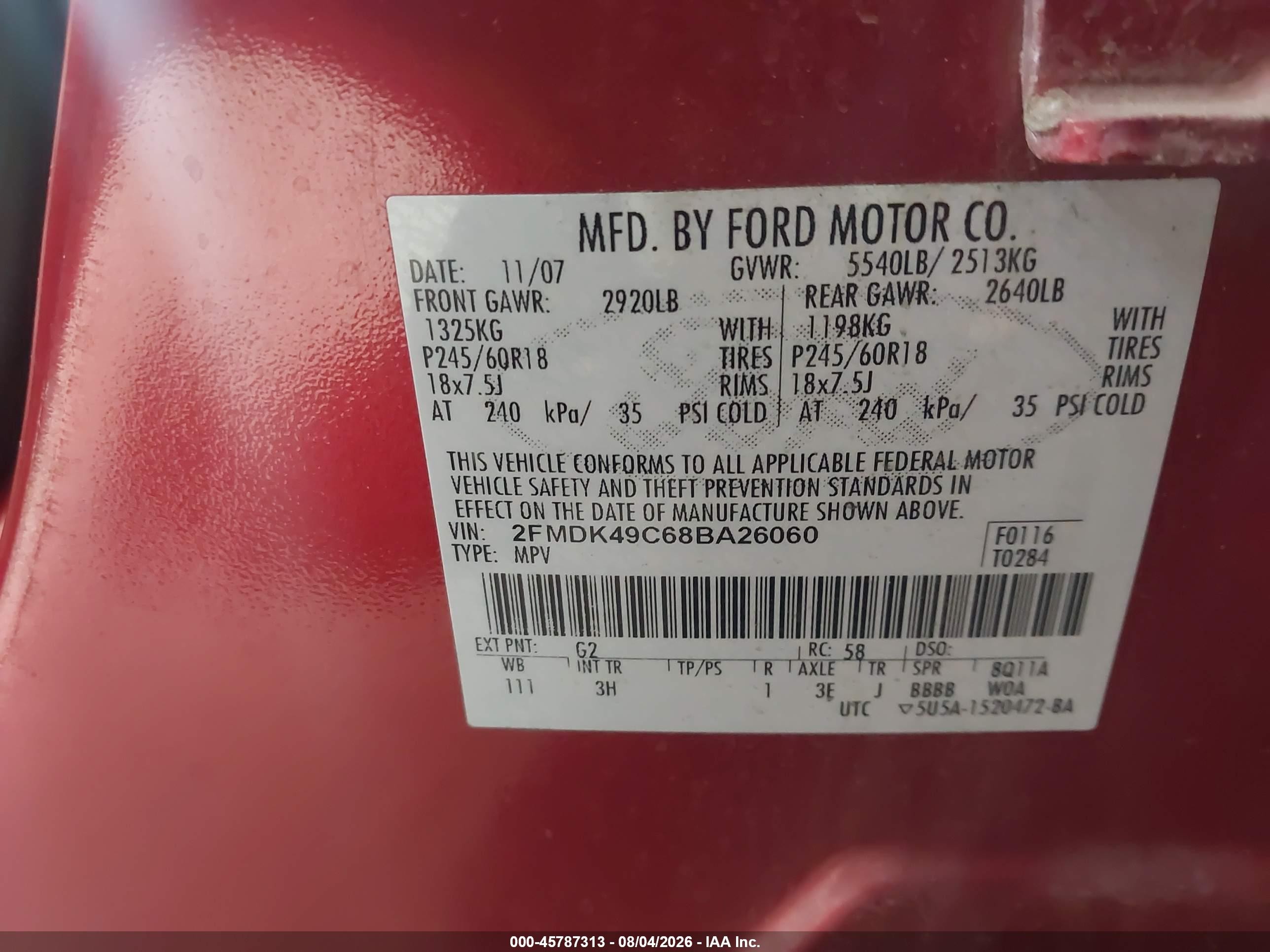 2008 Ford Edge Limited Red vin: 2FMDK49C68BA26060