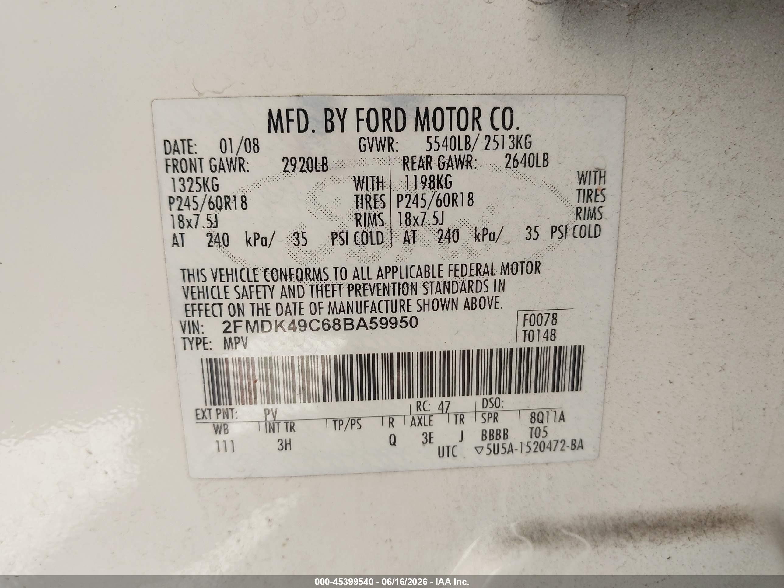 2008 Ford Edge Limited Beige vin: 2FMDK49C68BA59950
