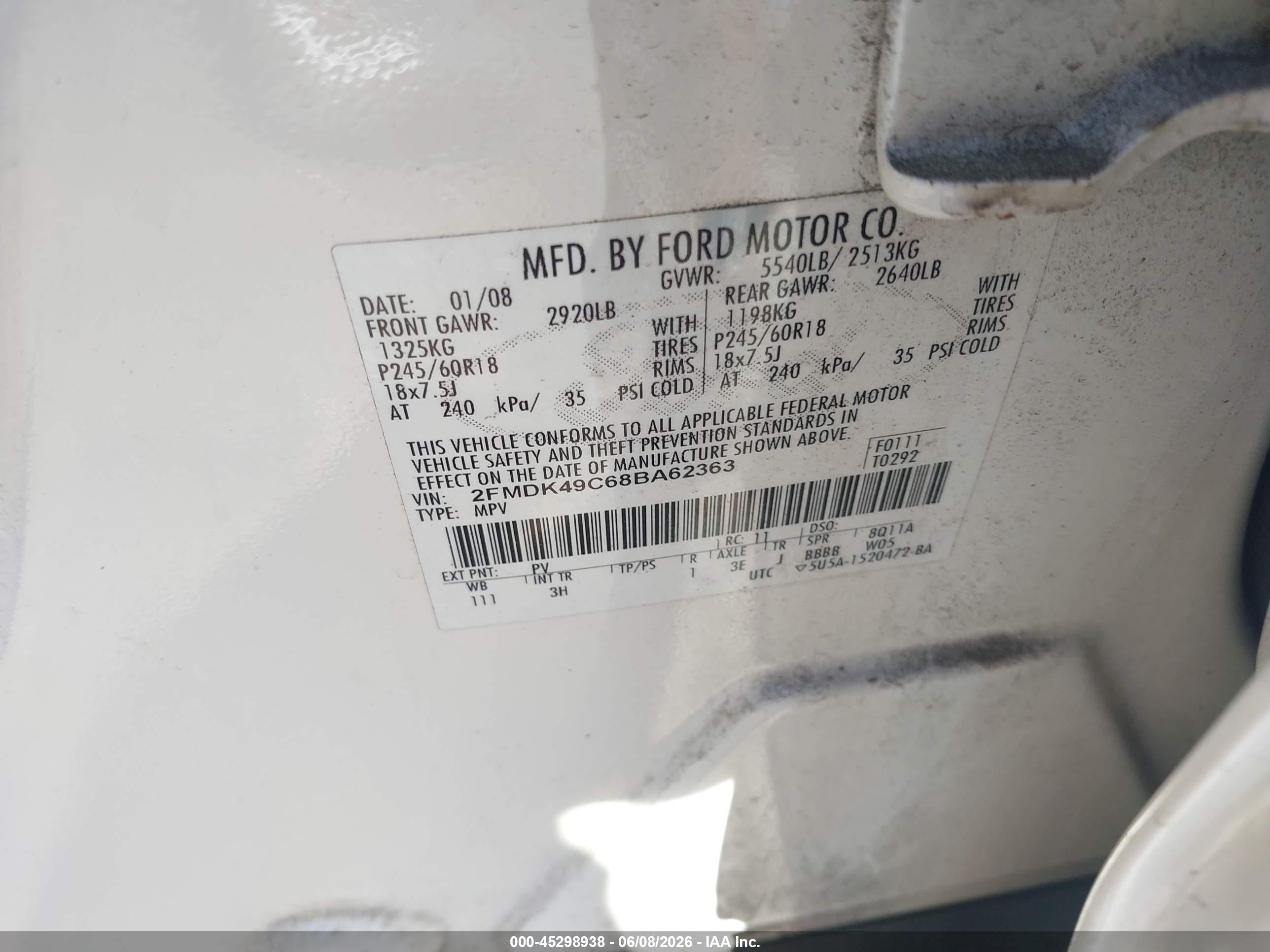 2008 Ford Edge Limited Белый vin: 2FMDK49C68BA62363