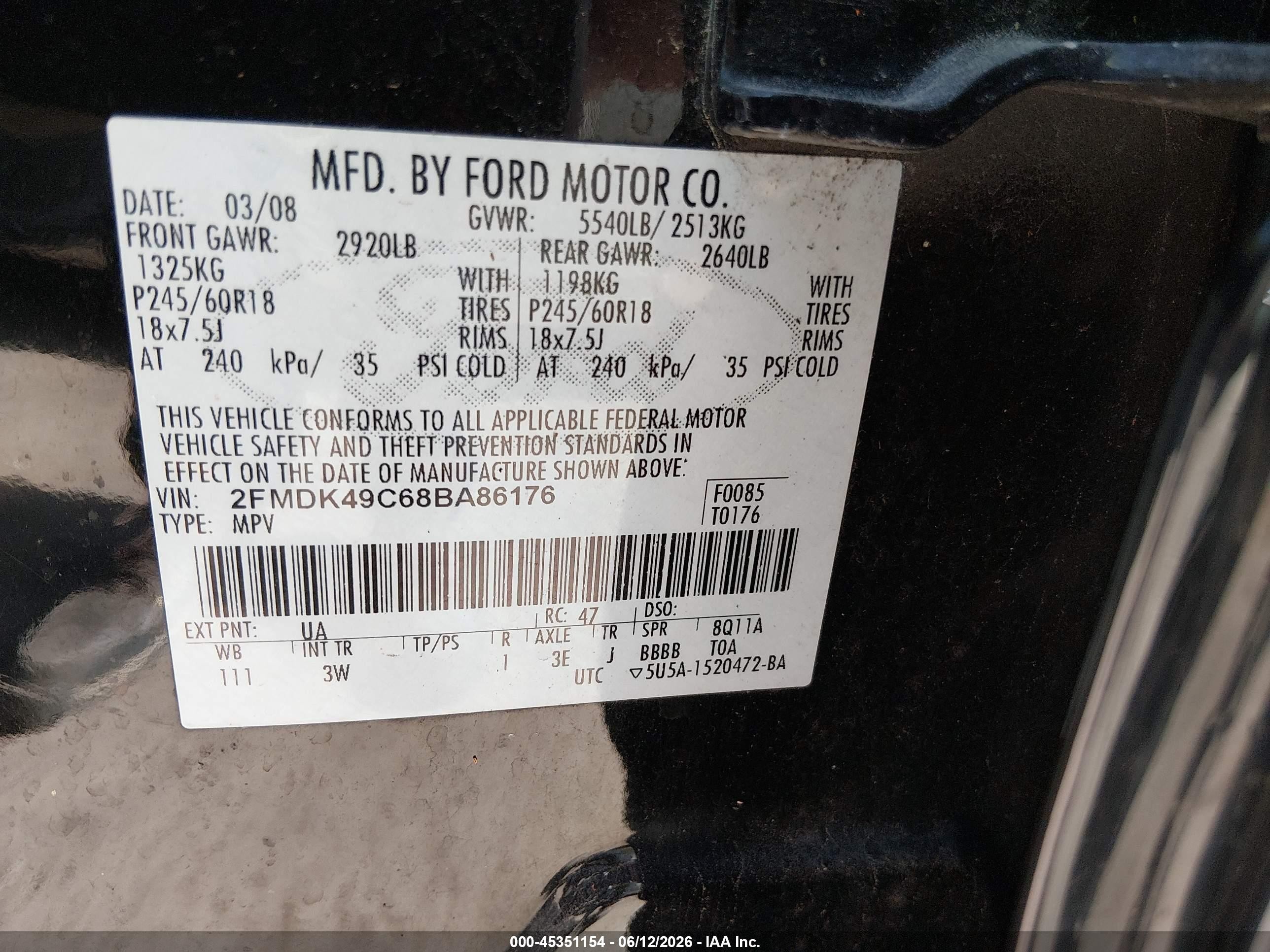 2008 Ford Edge Limited Black vin: 2FMDK49C68BA86176
