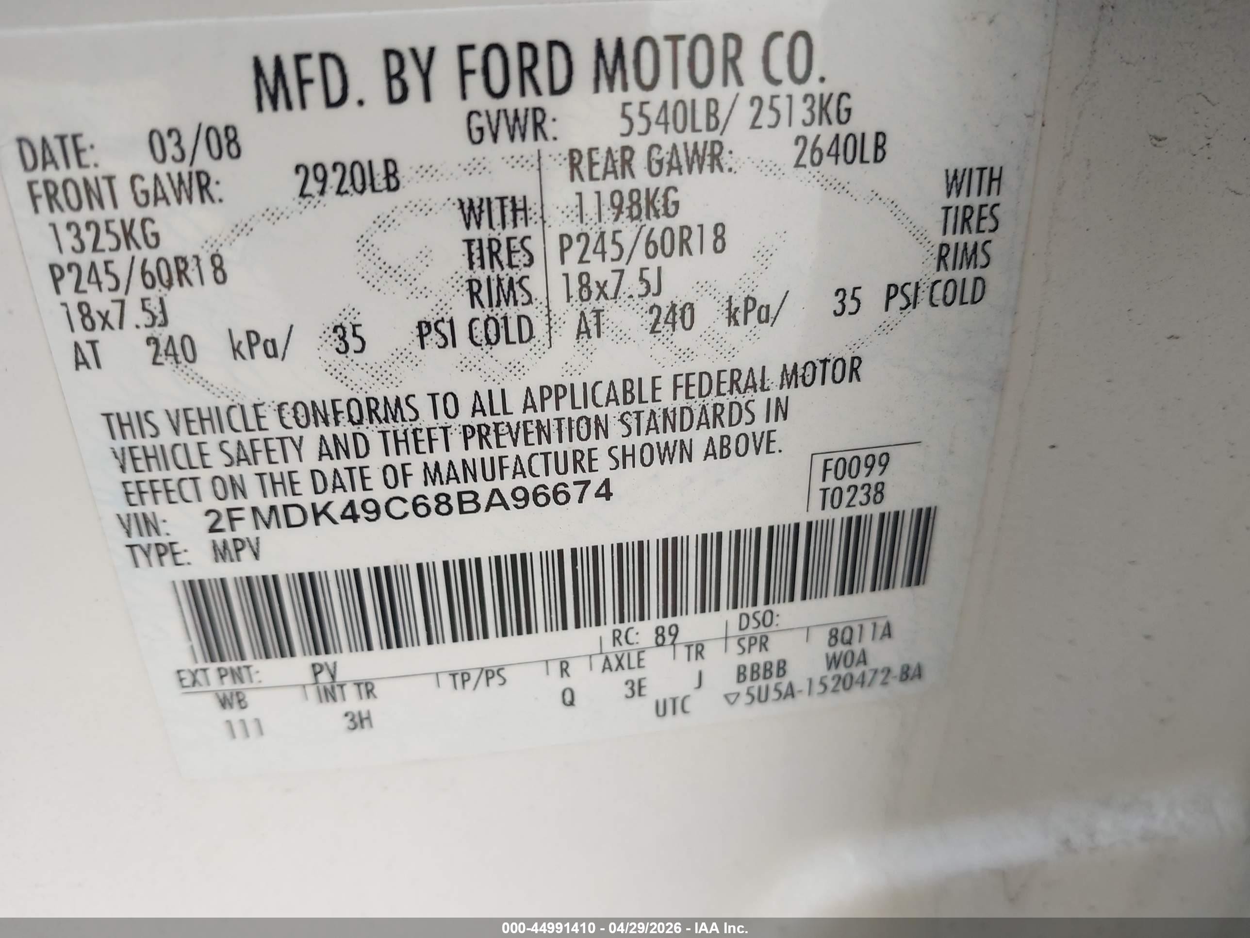 2008 Ford Edge Limited White vin: 2FMDK49C68BA96674