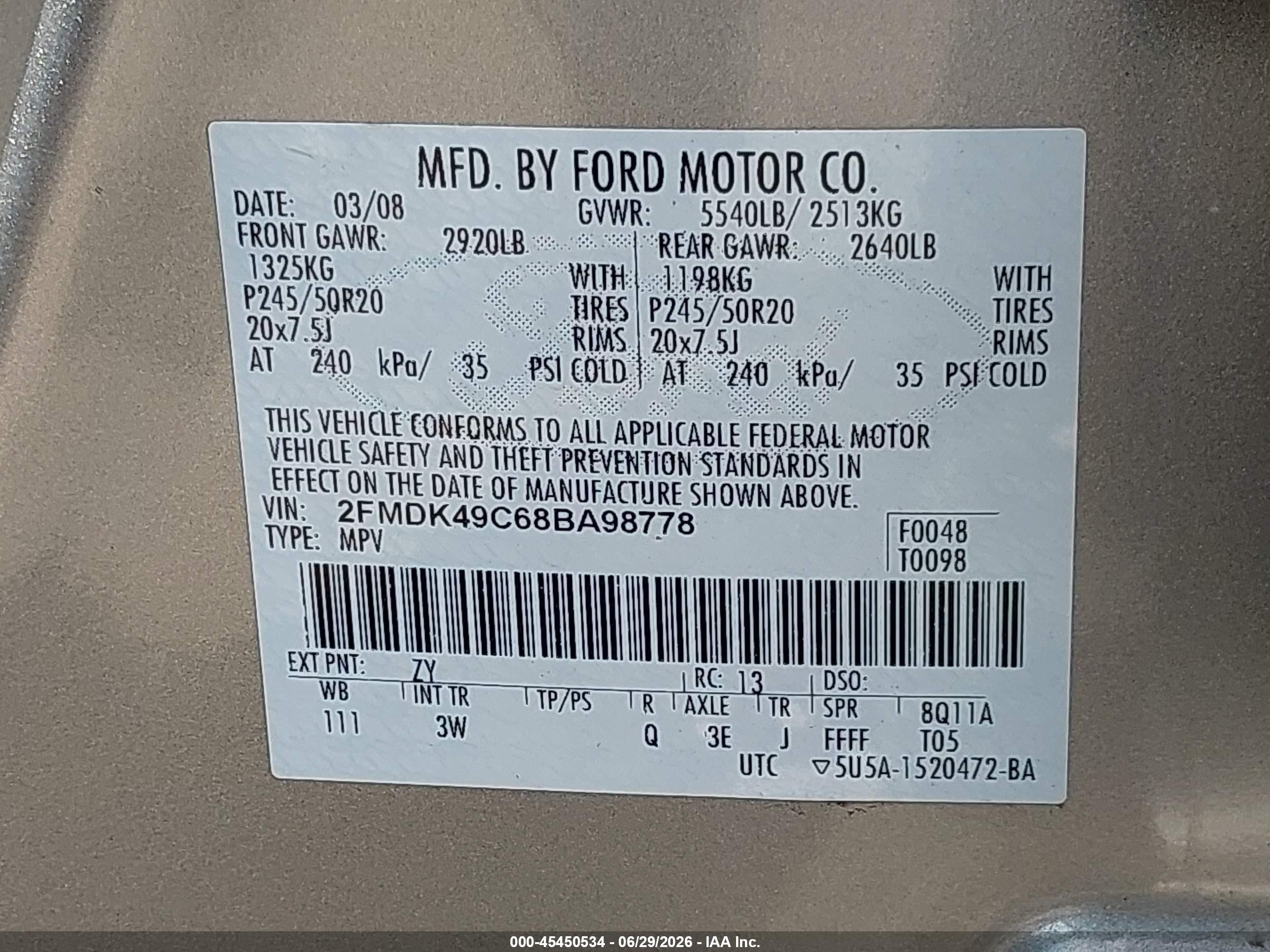 2008 Ford Edge Limited Gray vin: 2FMDK49C68BA98778