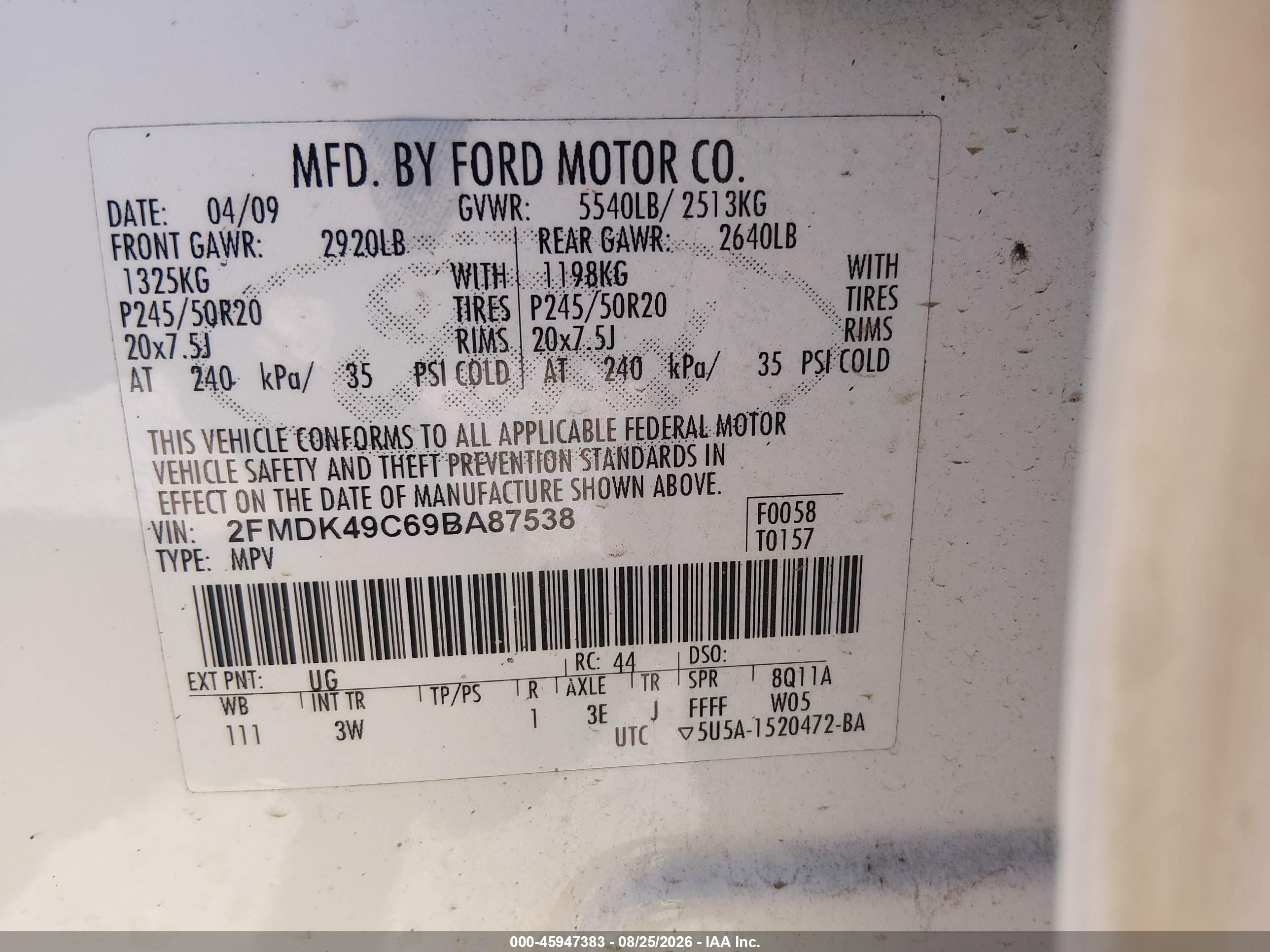 2009 Ford Edge Limited White vin: 2FMDK49C69BA87538