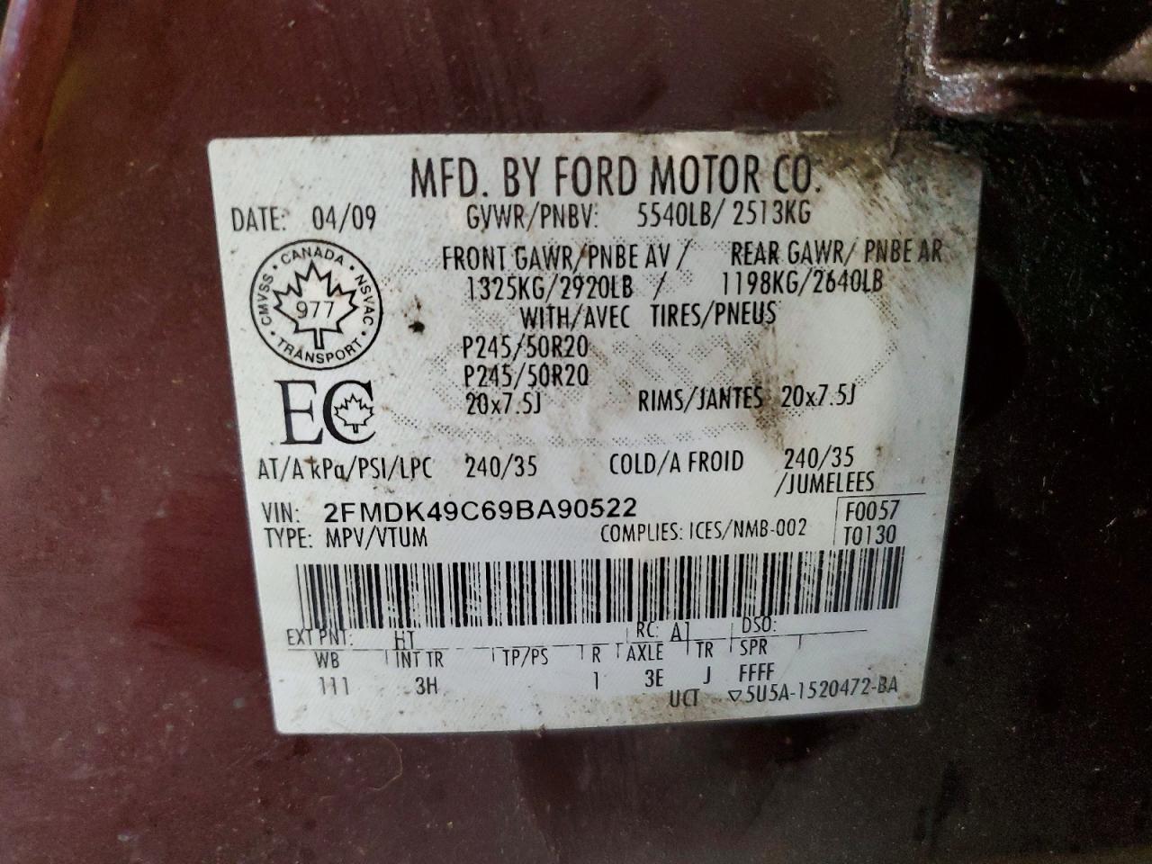 2009 Ford Edge Limited Burgundy vin: 2FMDK49C69BA90522