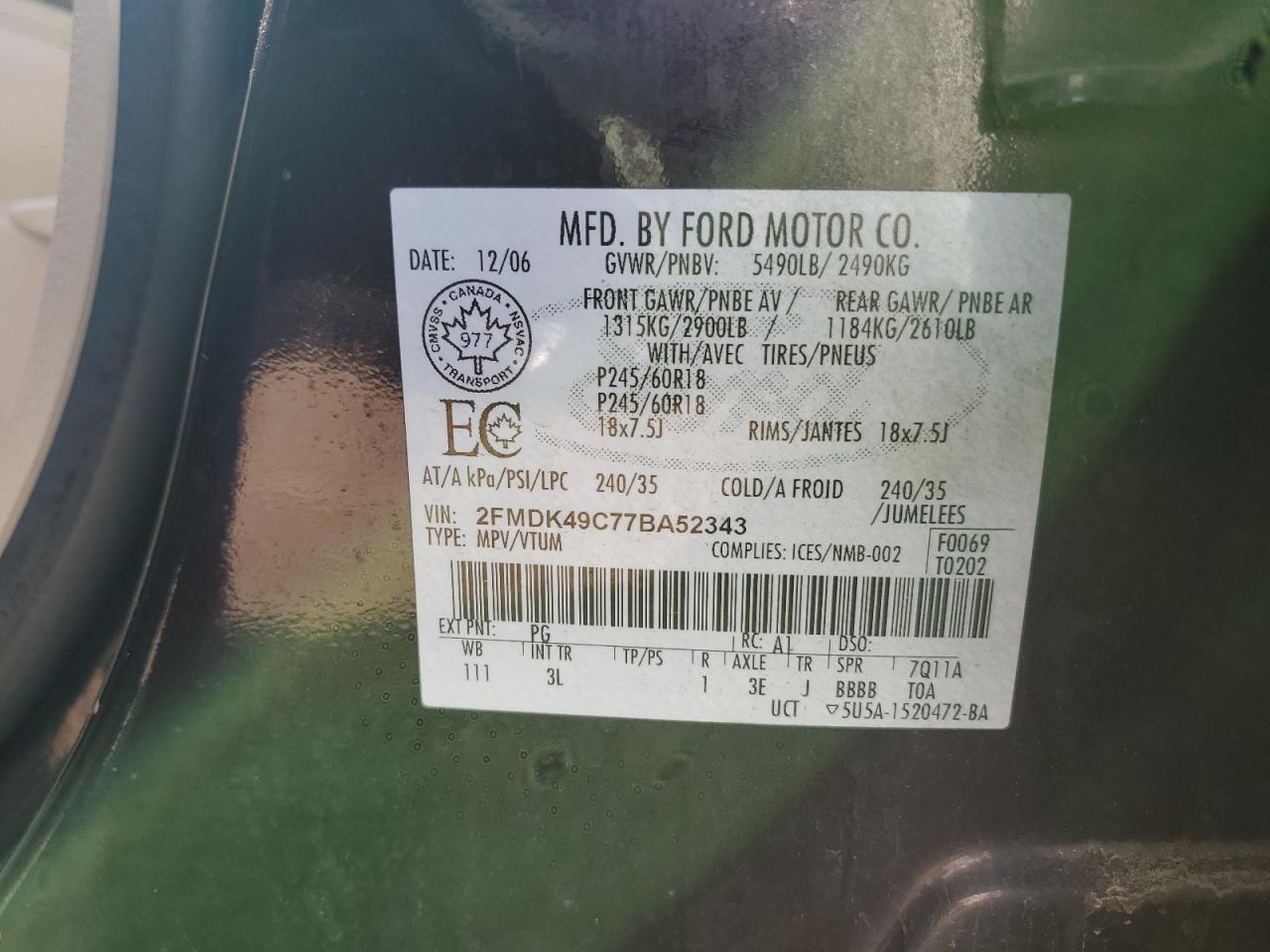 2007 Ford Edge Sel Plus Purple vin: 2FMDK49C77BA52343