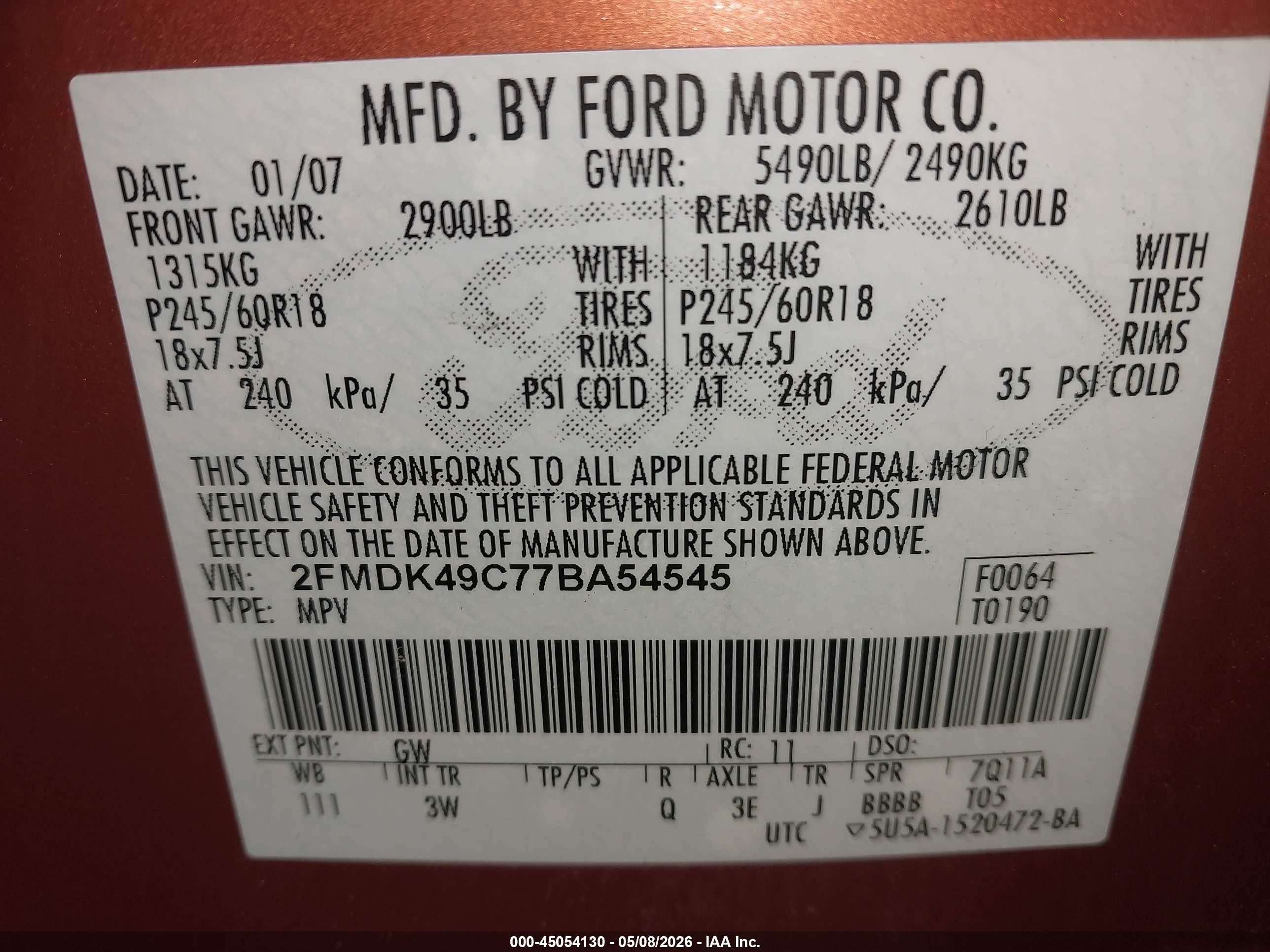 2007 Ford Edge Sel Plus Оранжевый vin: 2FMDK49C77BA54545