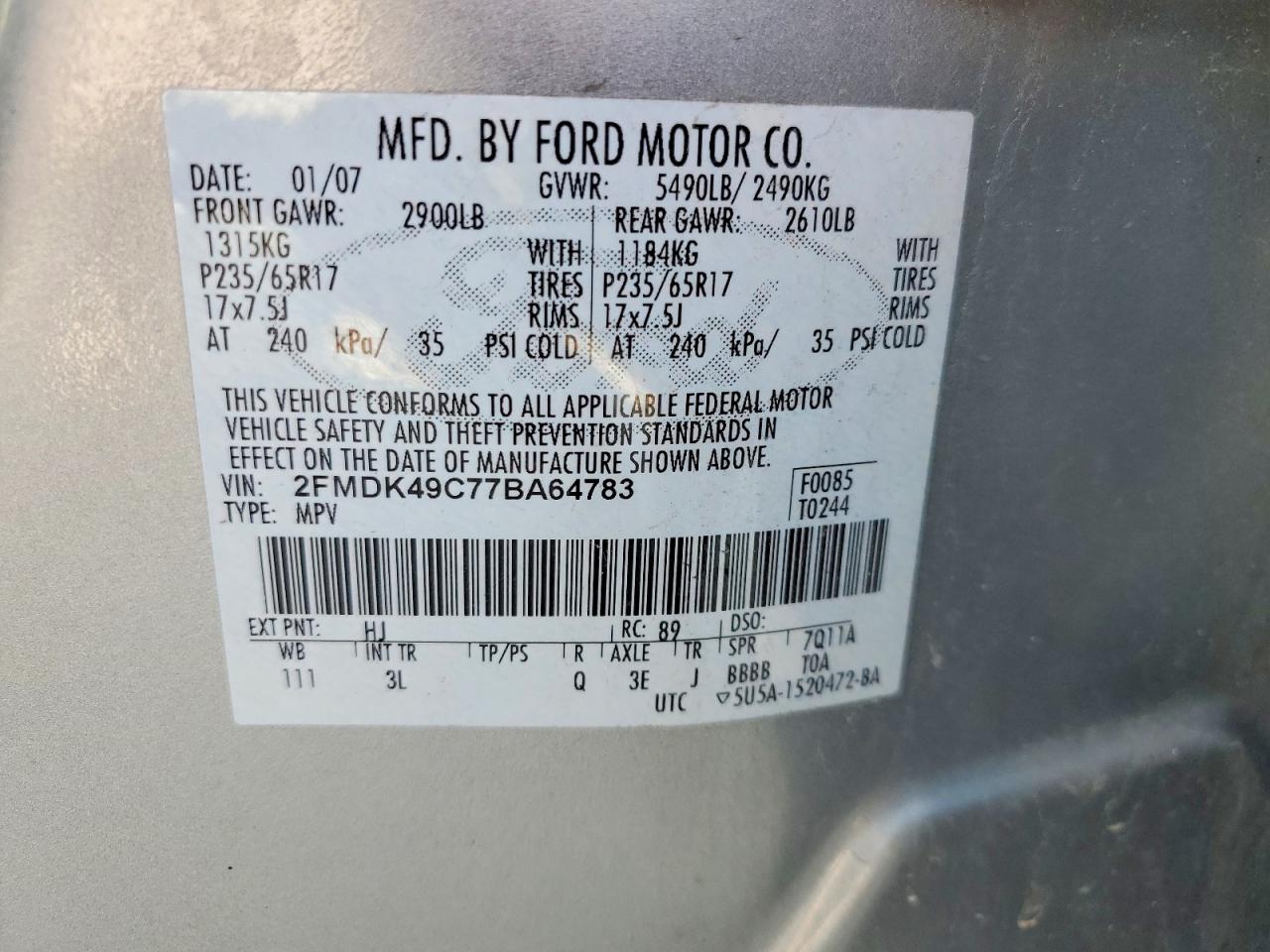 2007 Ford Edge Sel Plus Silver vin: 2FMDK49C77BA64783