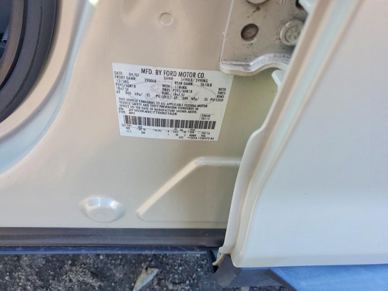 2007 Ford Edge Sel Plus Cream vin: 2FMDK49C77BB01928