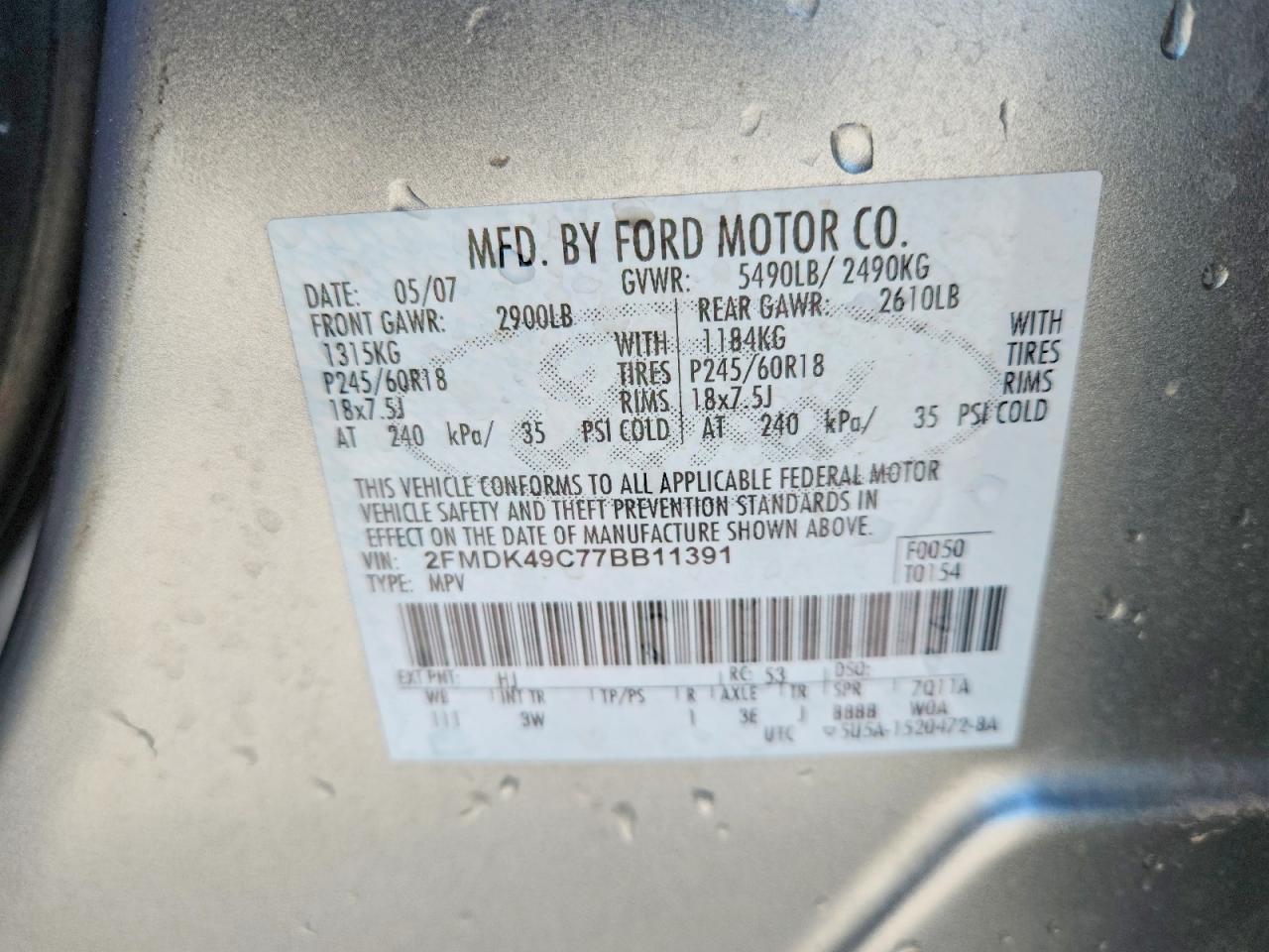 2007 Ford Edge Sel Plus Silver vin: 2FMDK49C77BB11391