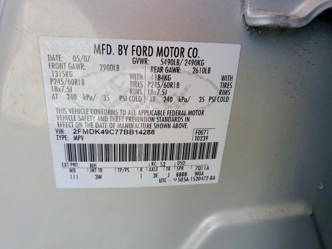 2007 Ford Edge Sel Plus Silver vin: 2FMDK49C77BB14288