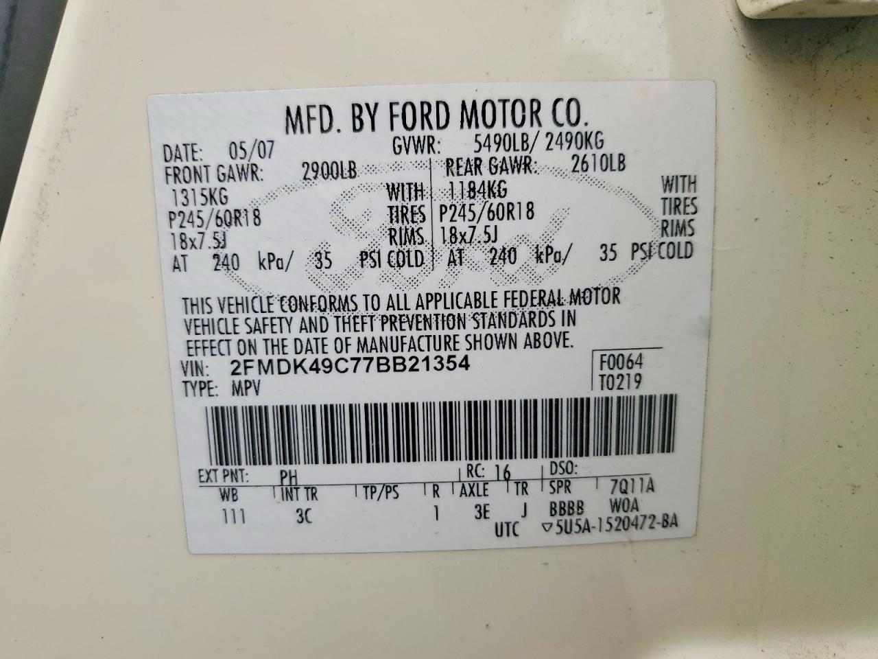 2007 Ford Edge Sel Plus Beige vin: 2FMDK49C77BB21354