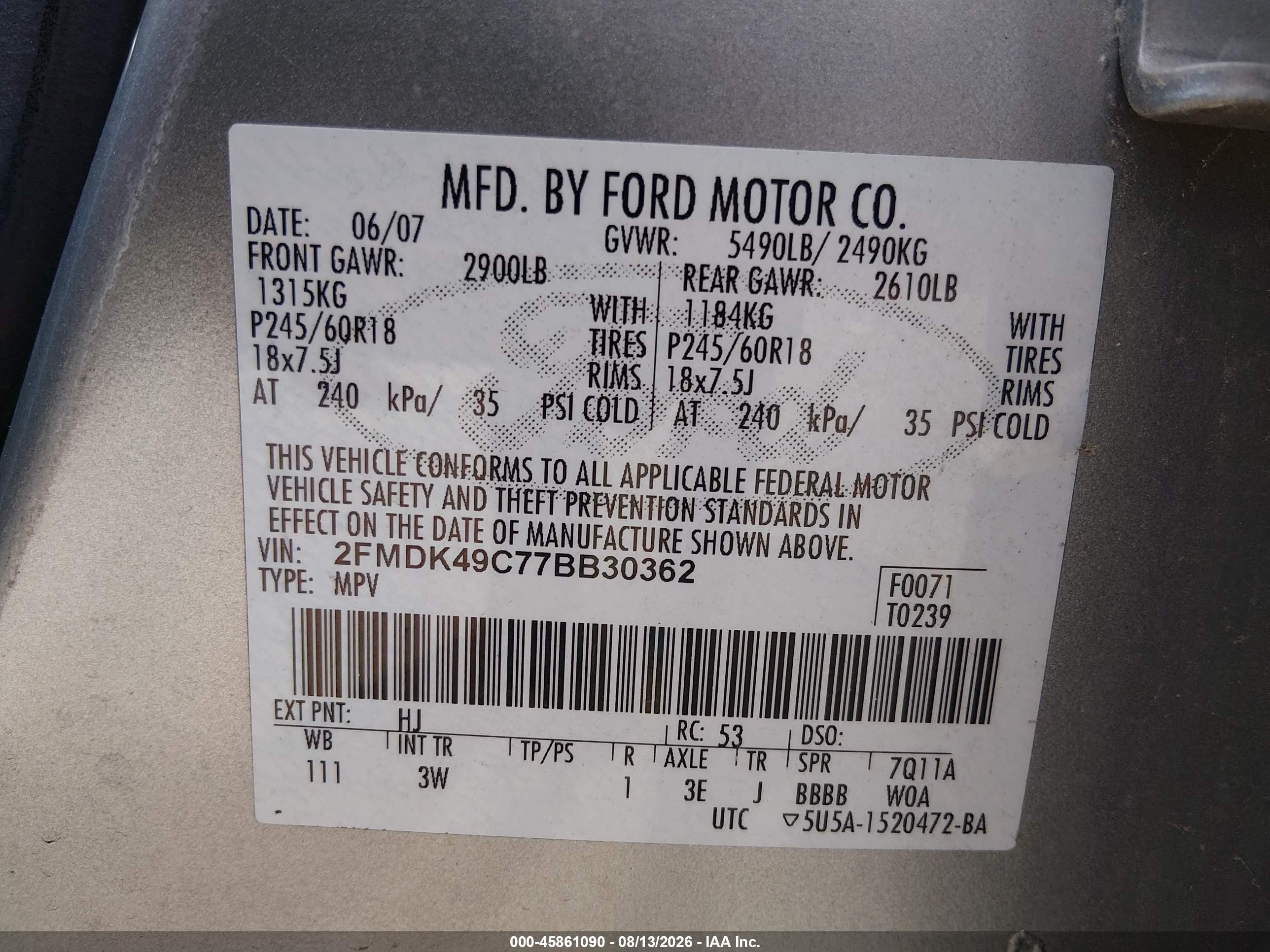 2007 Ford Edge Sel Plus Silver vin: 2FMDK49C77BB30362