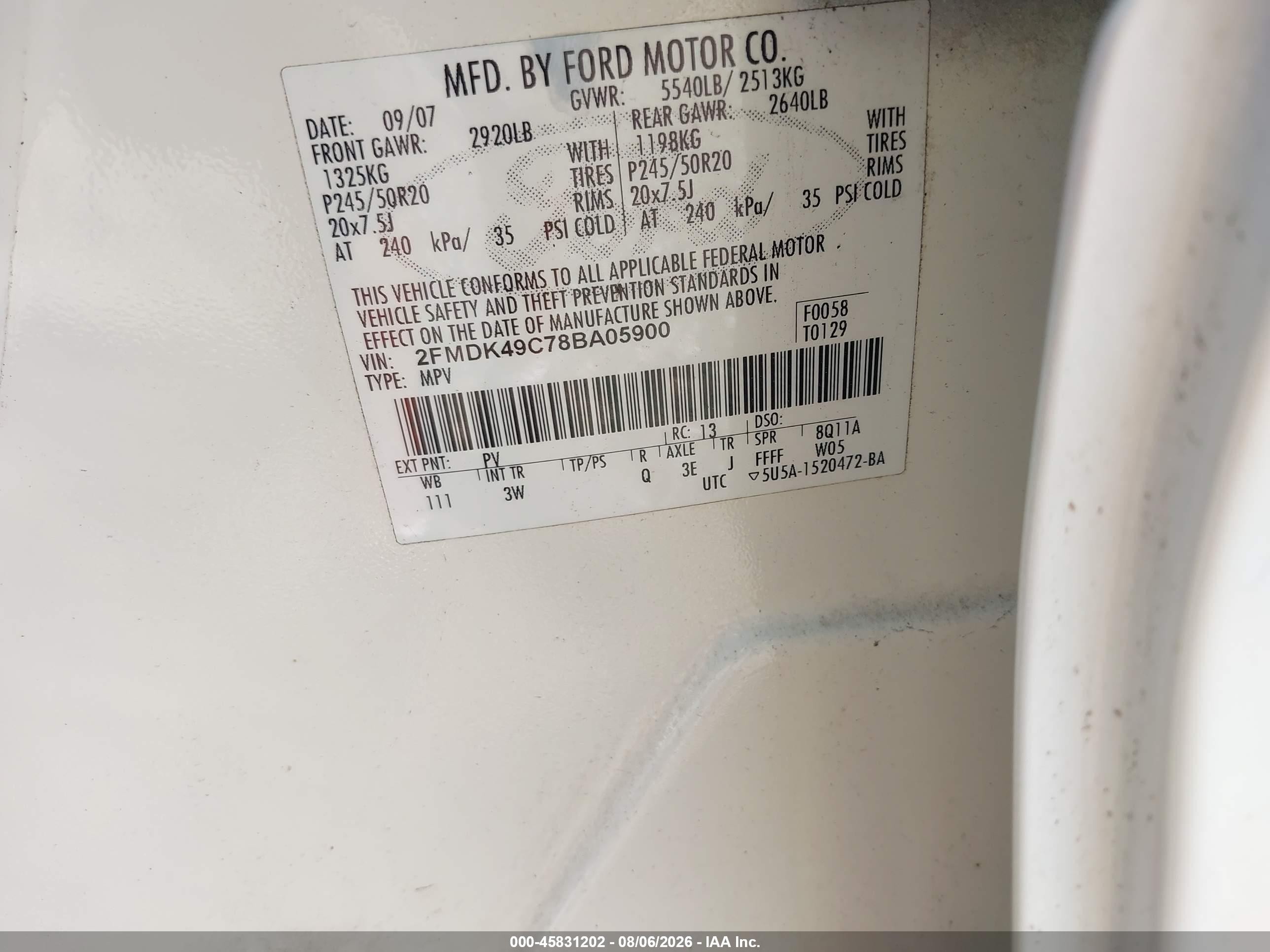 2008 Ford Edge Limited White vin: 2FMDK49C78BA05900