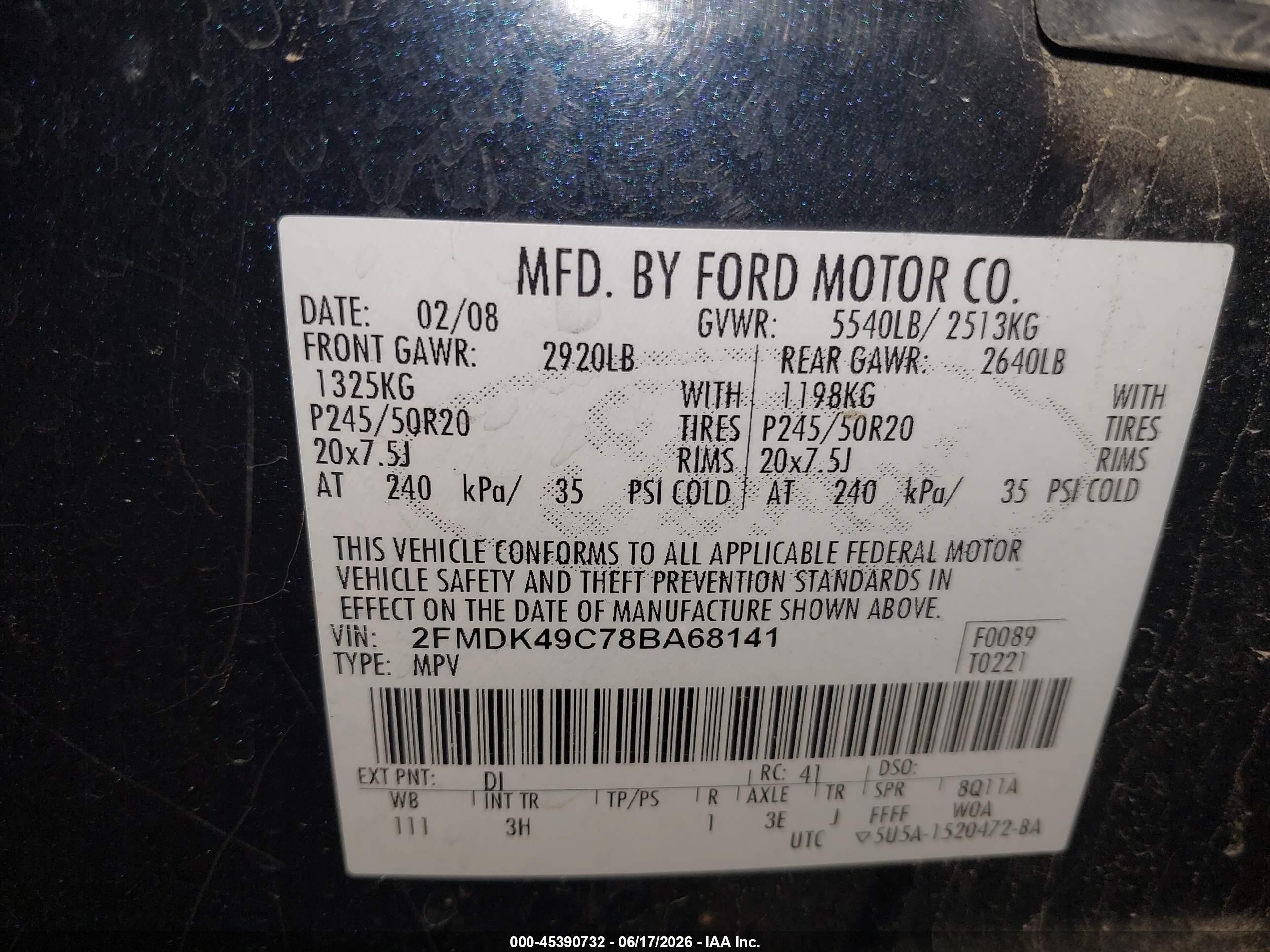 2008 Ford Edge Limited Blue vin: 2FMDK49C78BA68141