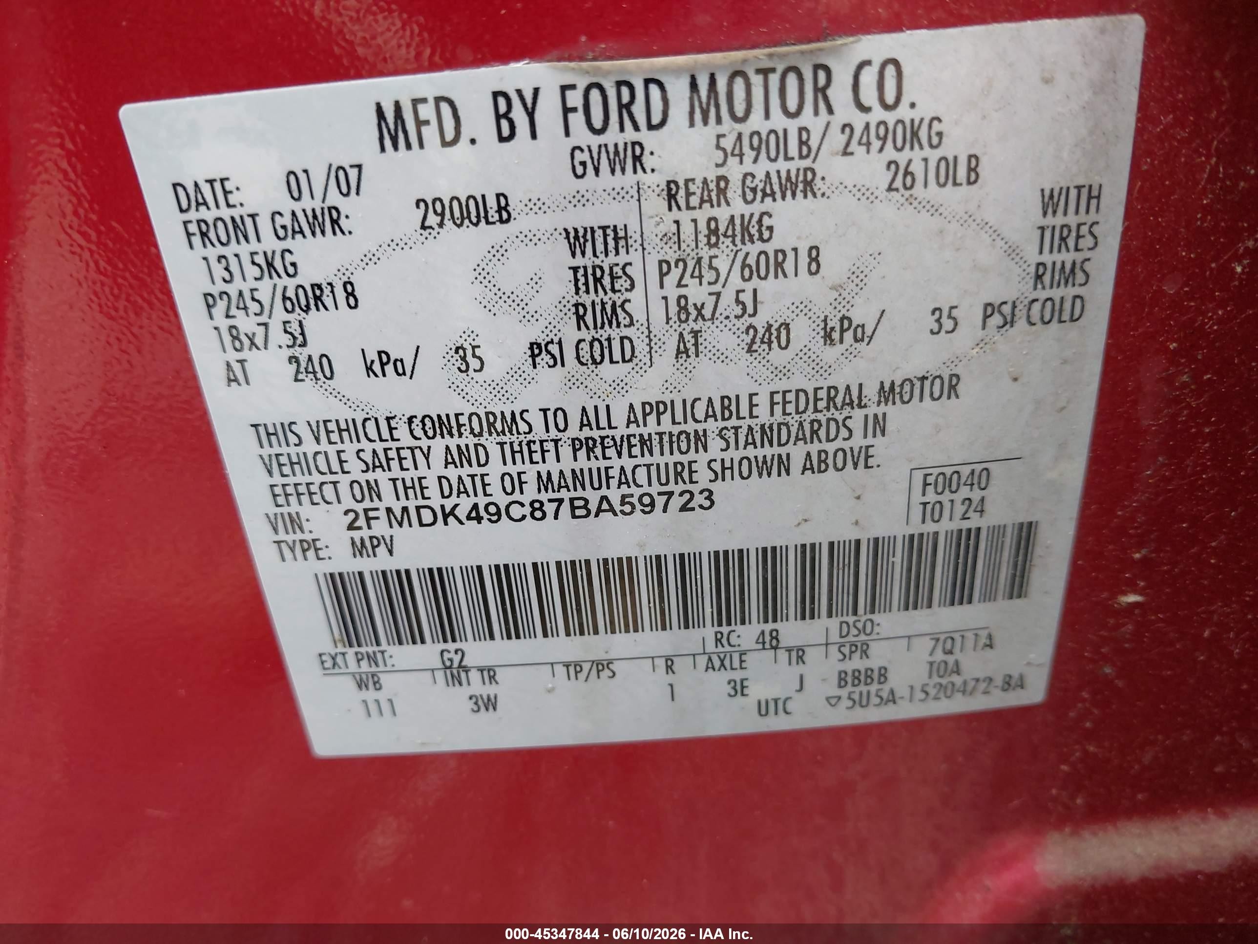 2007 Ford Edge Sel Plus Red vin: 2FMDK49C87BA59723