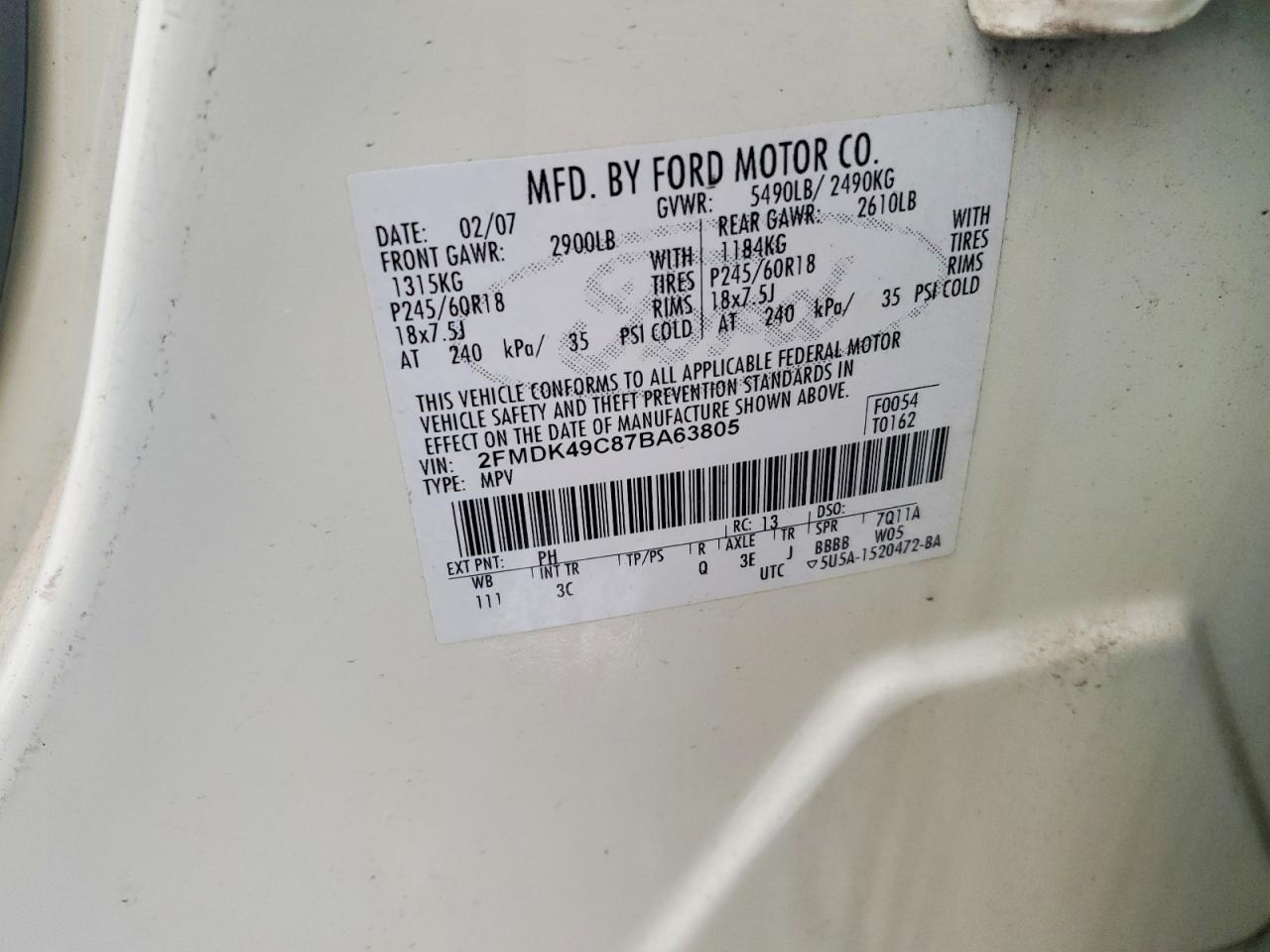 2007 Ford Edge Sel Plus Cream vin: 2FMDK49C87BA63805