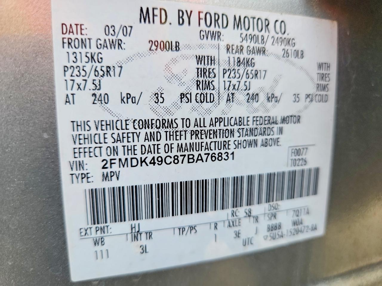 2007 Ford Edge Sel Plus Silver vin: 2FMDK49C87BA76831