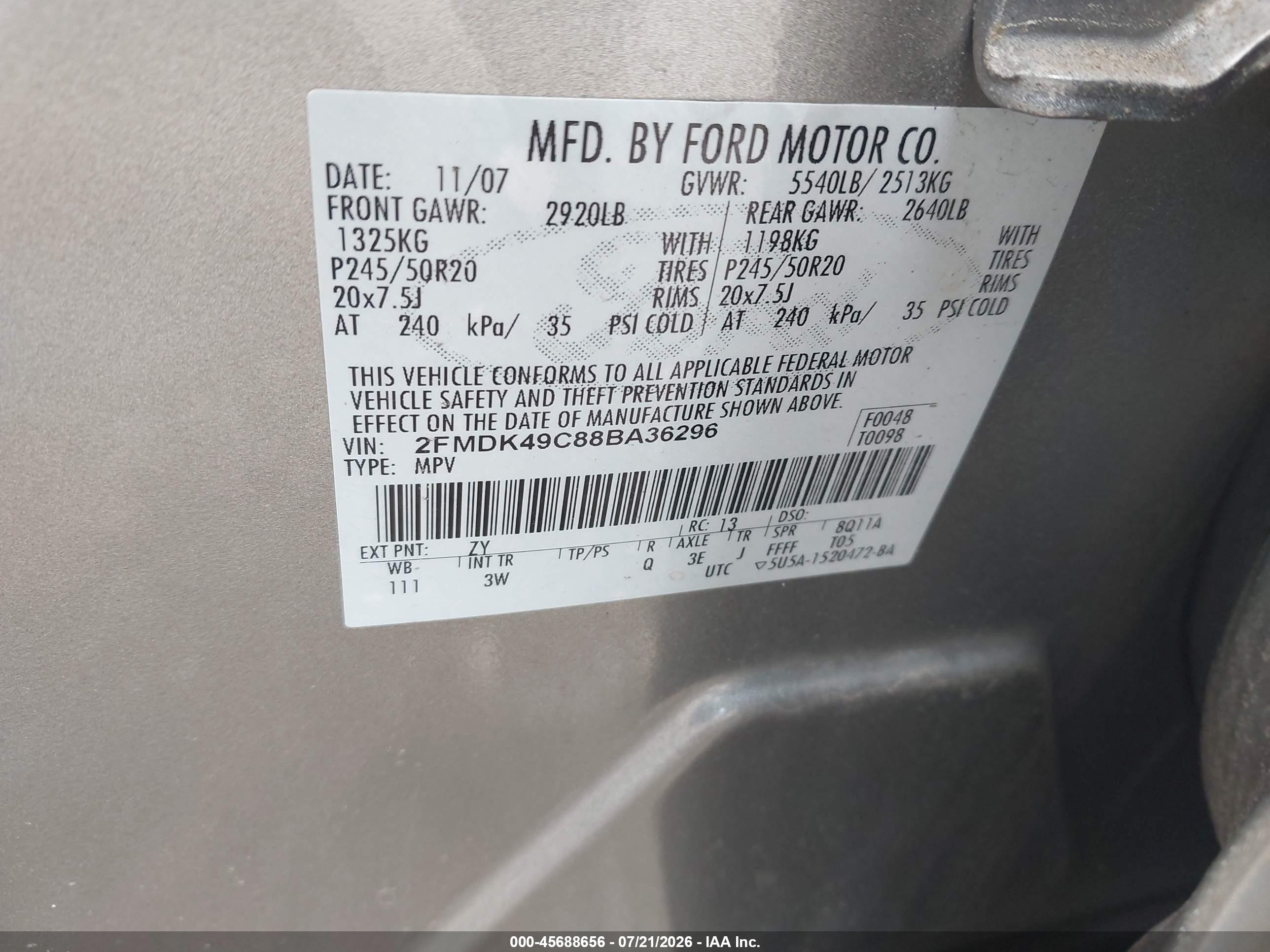 2008 Ford Edge Limited Gray vin: 2FMDK49C88BA36296