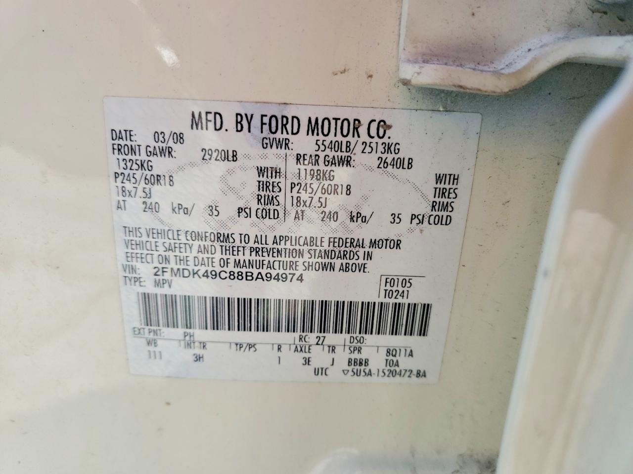 2008 Ford Edge Limited Cream vin: 2FMDK49C88BA94974
