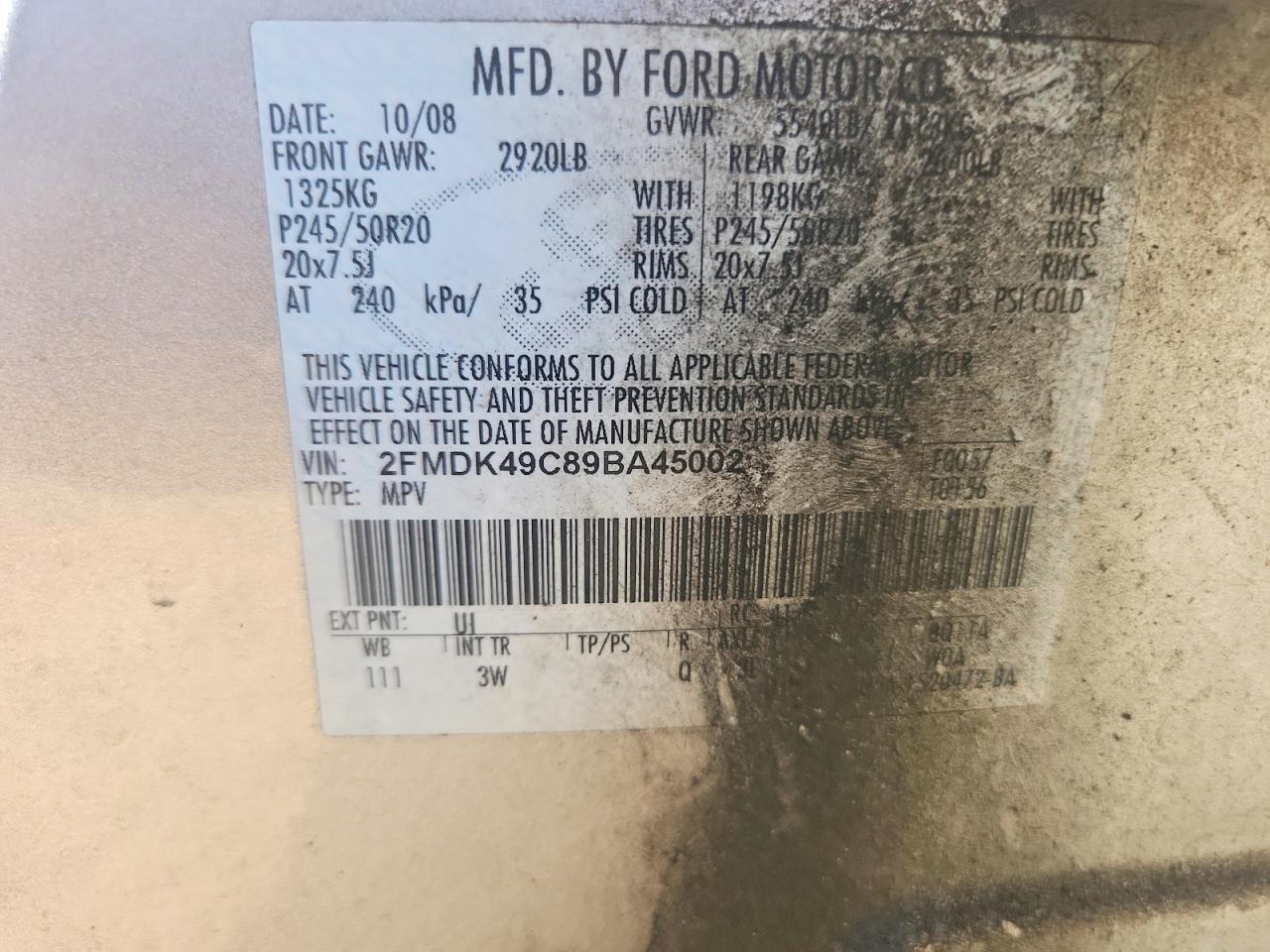 2009 Ford Edge Limited Серебряный vin: 2FMDK49C89BA45002