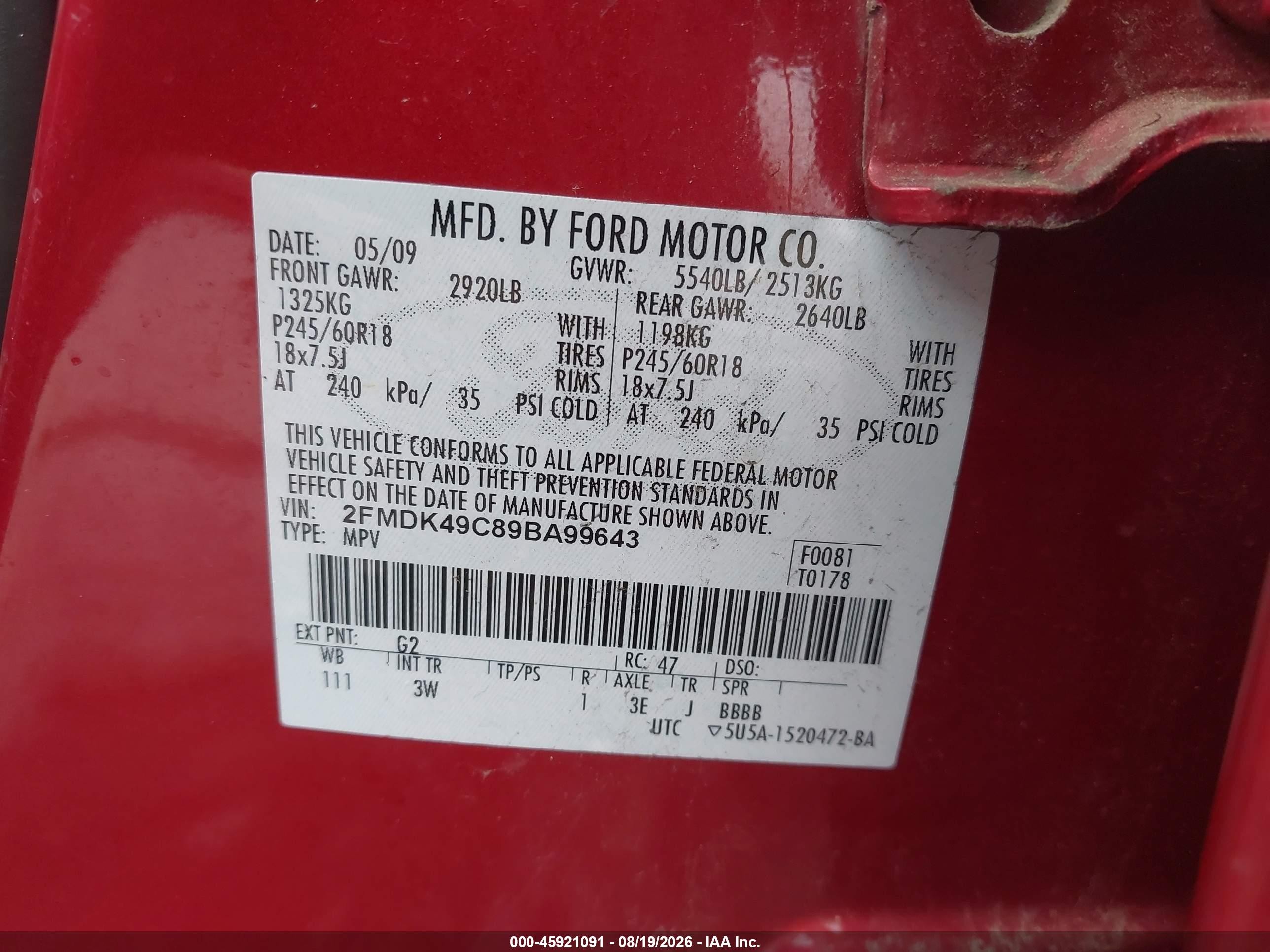 2009 Ford Edge Limited Red vin: 2FMDK49C89BA99643