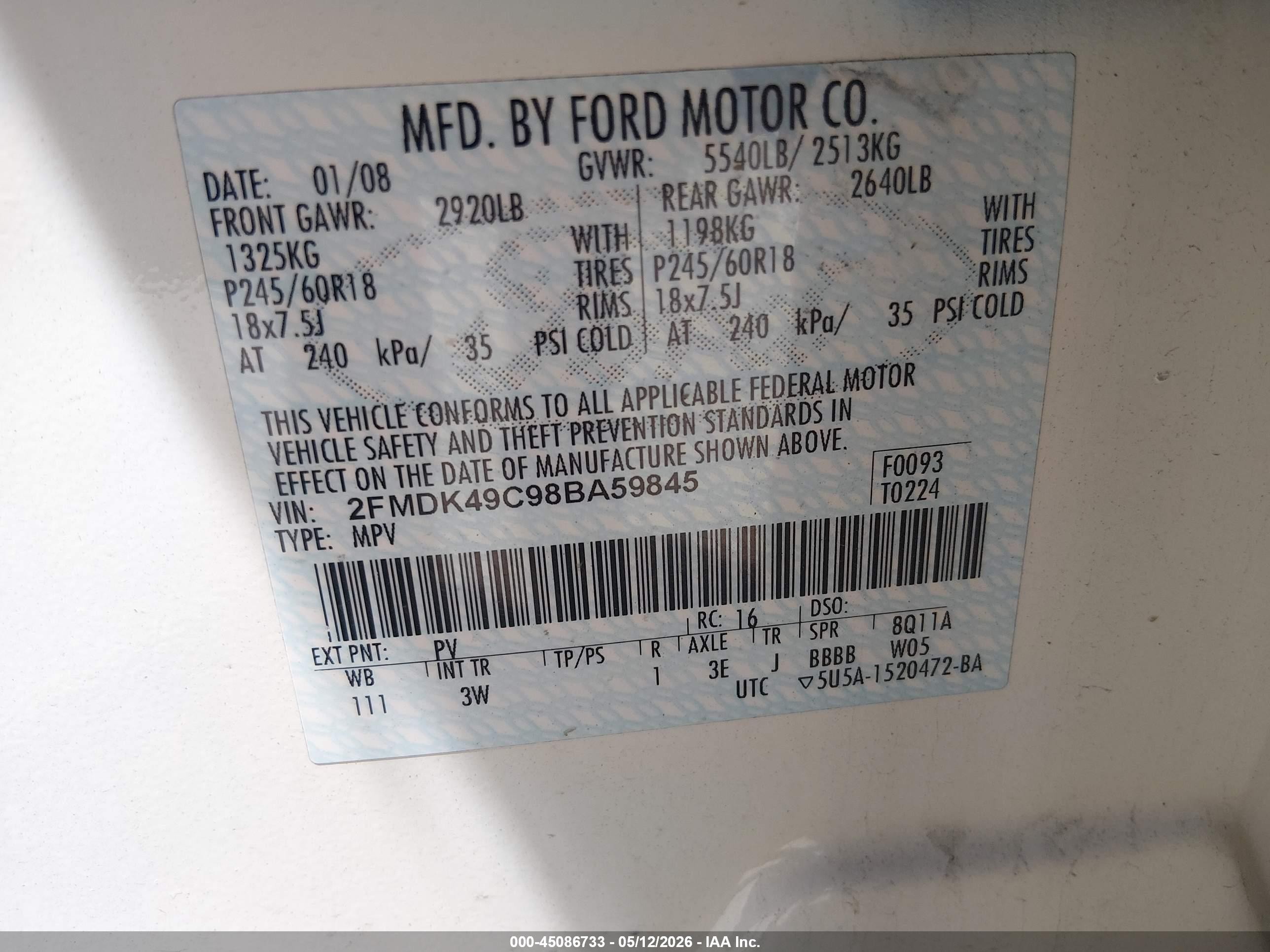 2008 Ford Edge Limited White vin: 2FMDK49C98BA59845