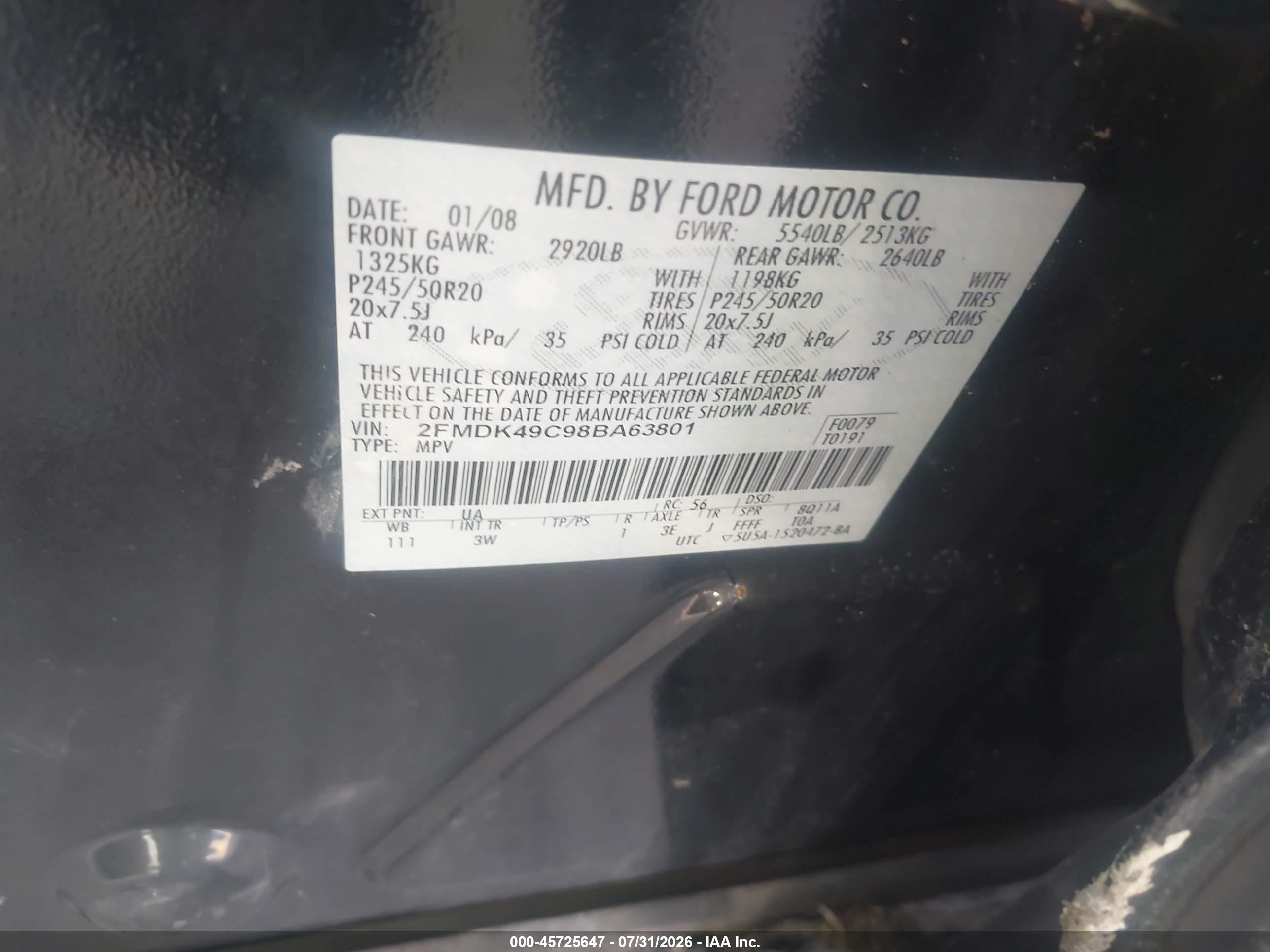 2008 Ford Edge Limited Черный vin: 2FMDK49C98BA63801
