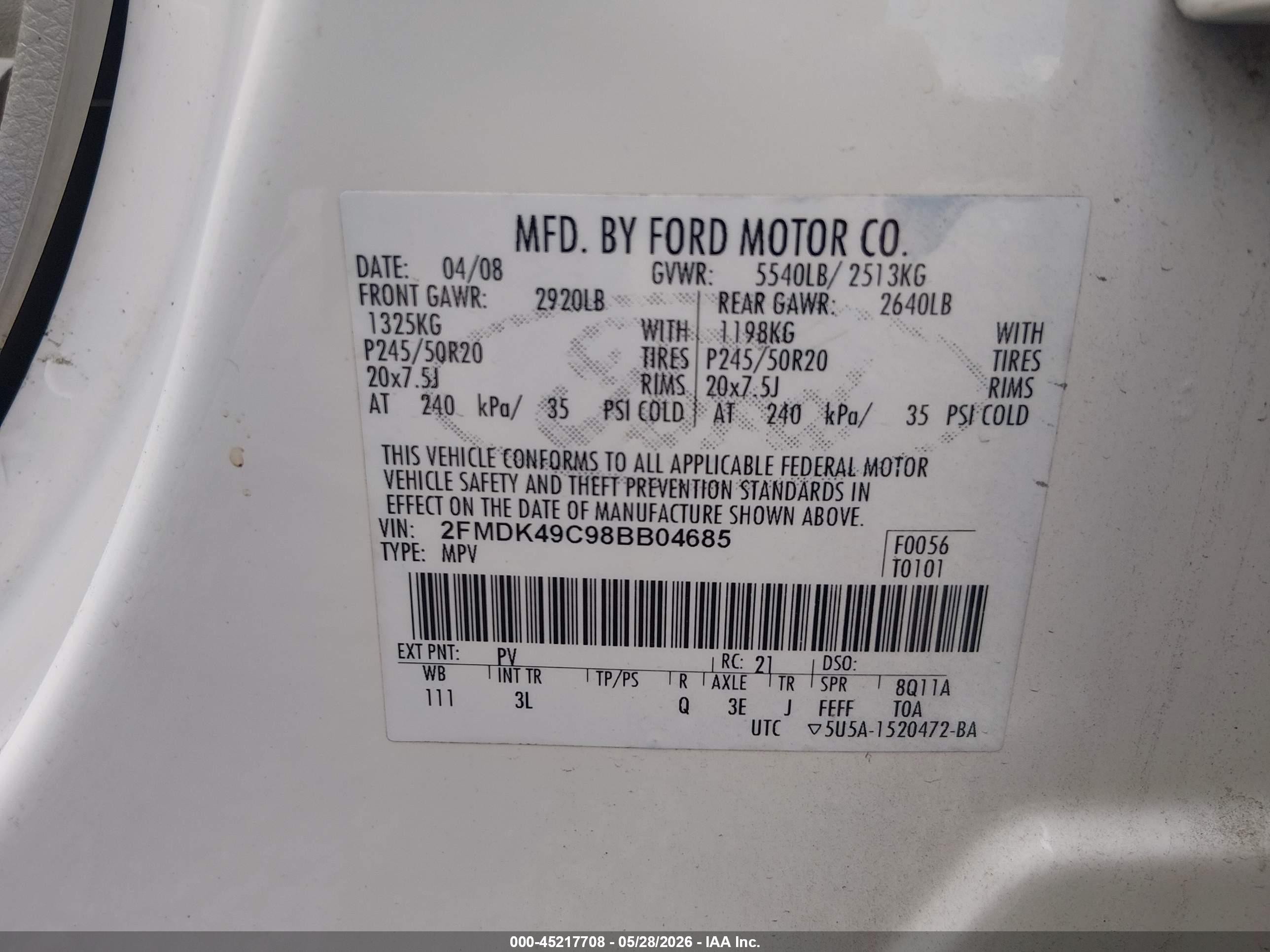 2008 Ford Edge Limited White vin: 2FMDK49C98BB04685