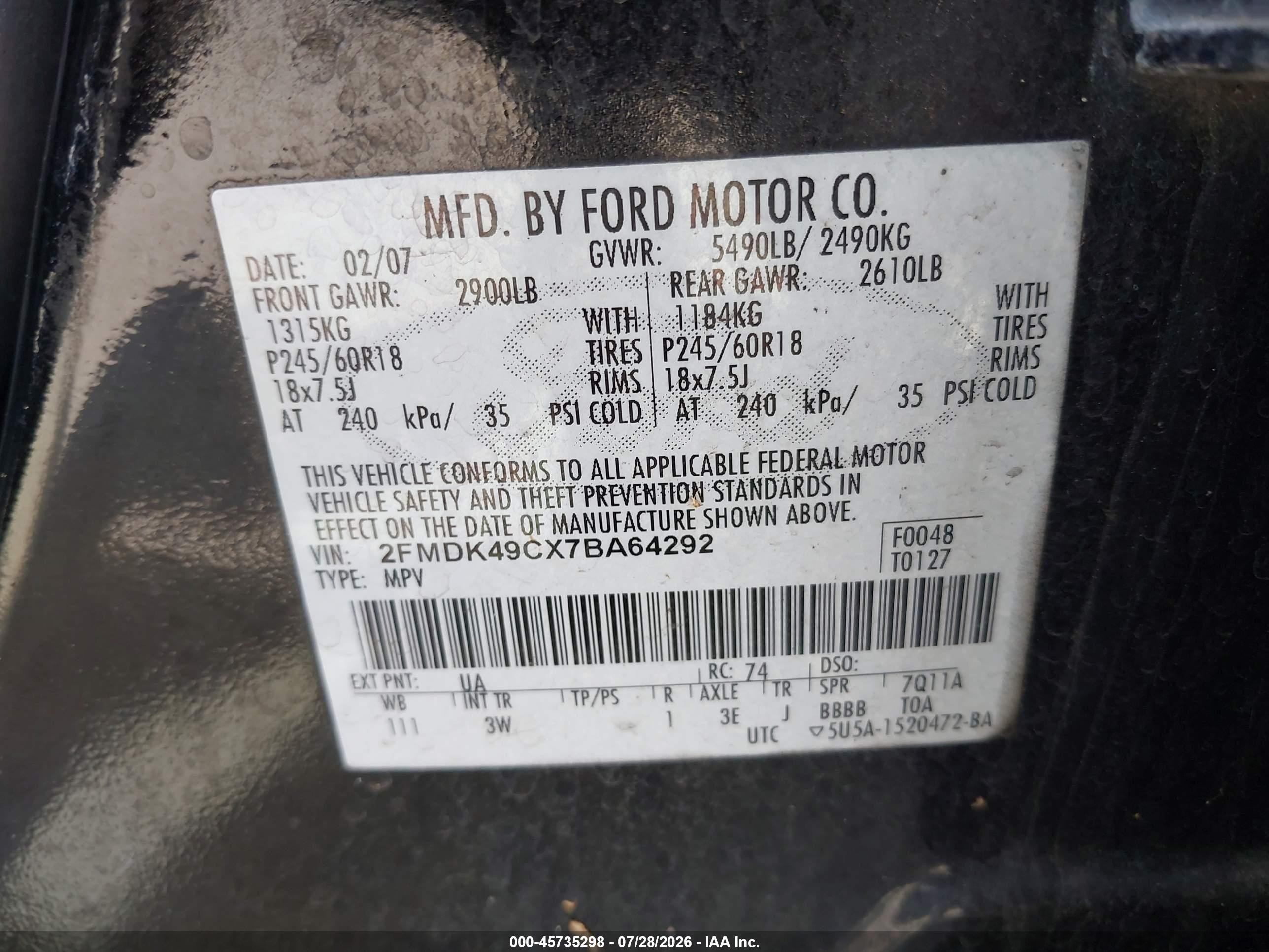 2007 Ford Edge Sel Plus Black vin: 2FMDK49CX7BA64292