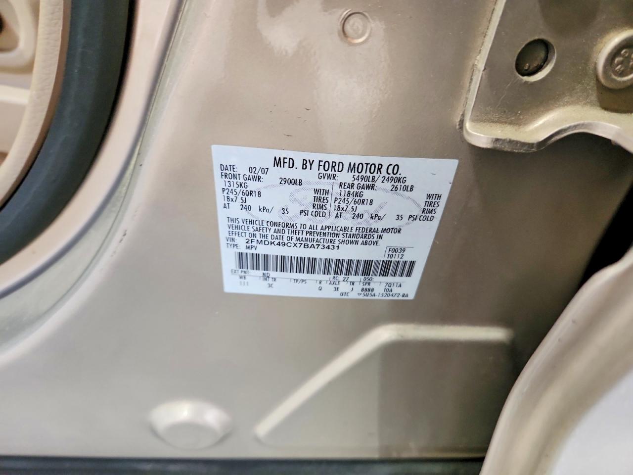 2007 Ford Edge Sel Plus Tan vin: 2FMDK49CX7BA73431