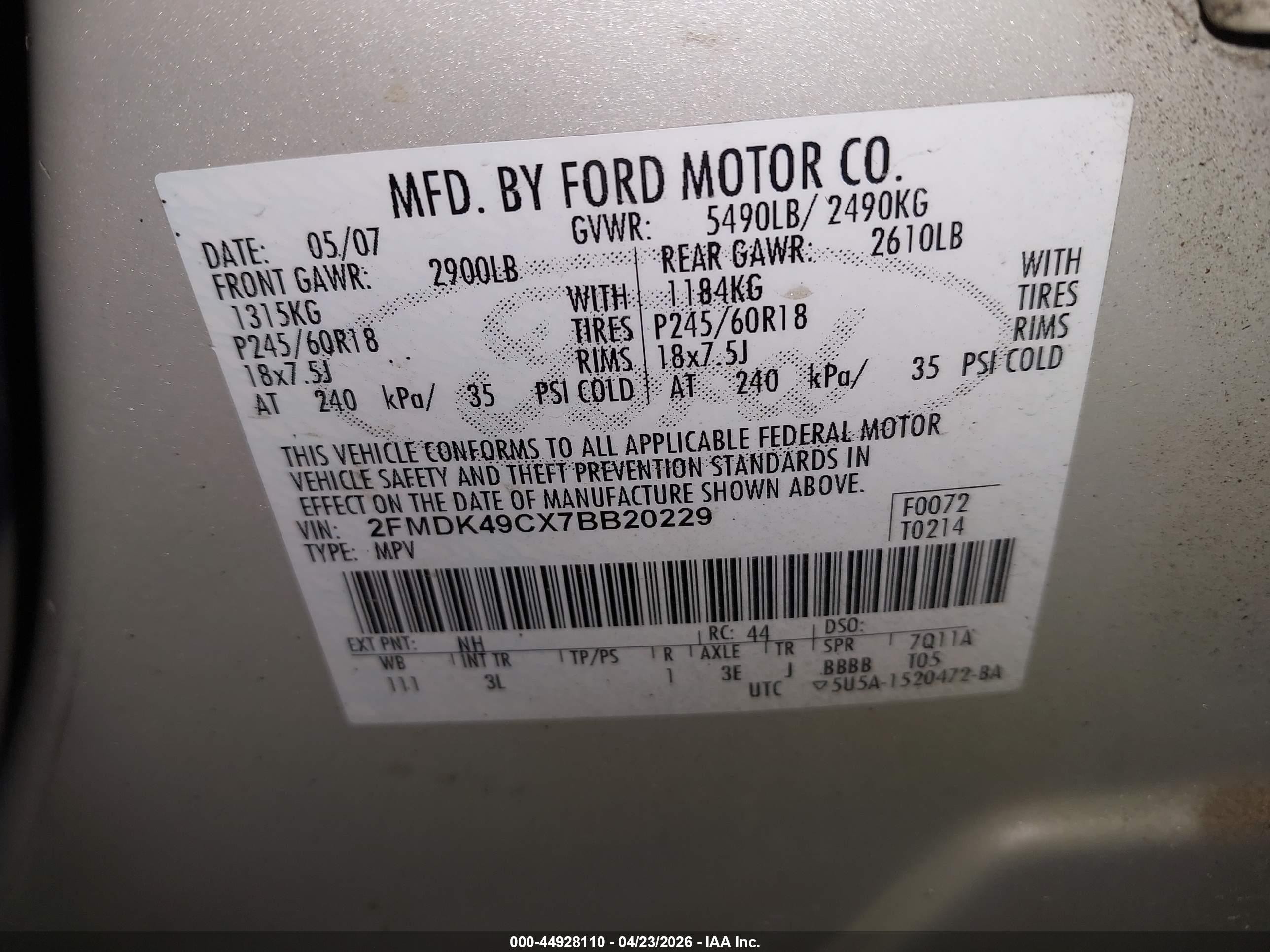 2007 Ford Edge Sel Plus Gray vin: 2FMDK49CX7BB20229