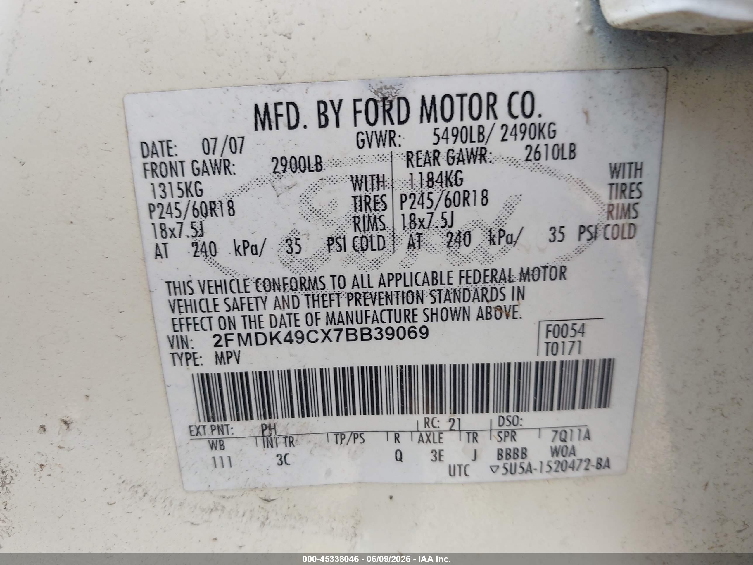 2007 Ford Edge Sel Plus White vin: 2FMDK49CX7BB39069
