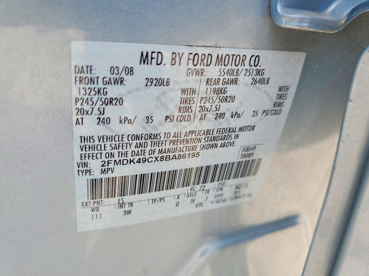 2008 Ford Edge Limited Blue vin: 2FMDK49CX8BA86195