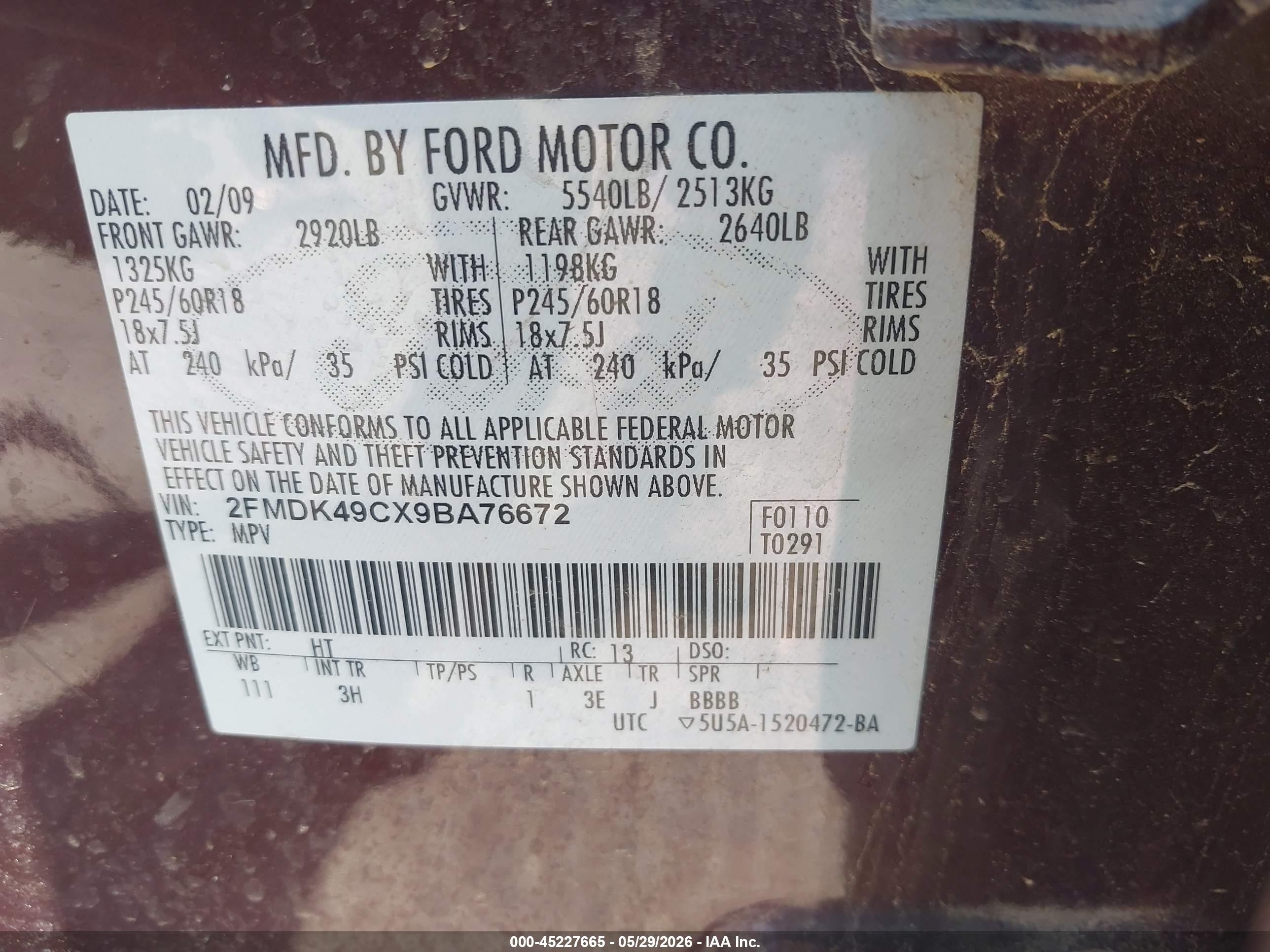 2009 Ford Edge Limited Burgundy vin: 2FMDK49CX9BA76672
