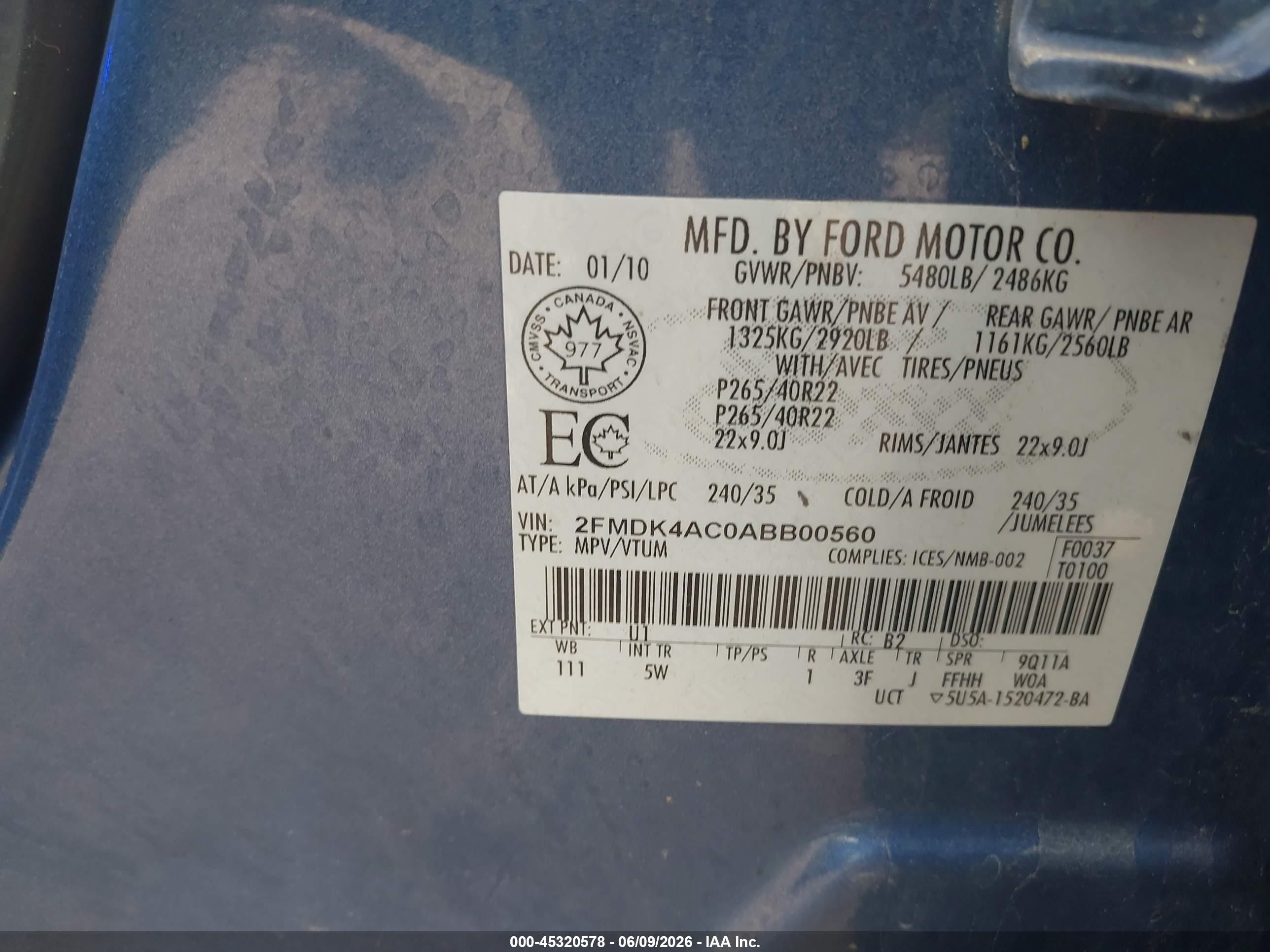 2010 Ford Edge Sport Синий vin: 2FMDK4AC0ABB00560