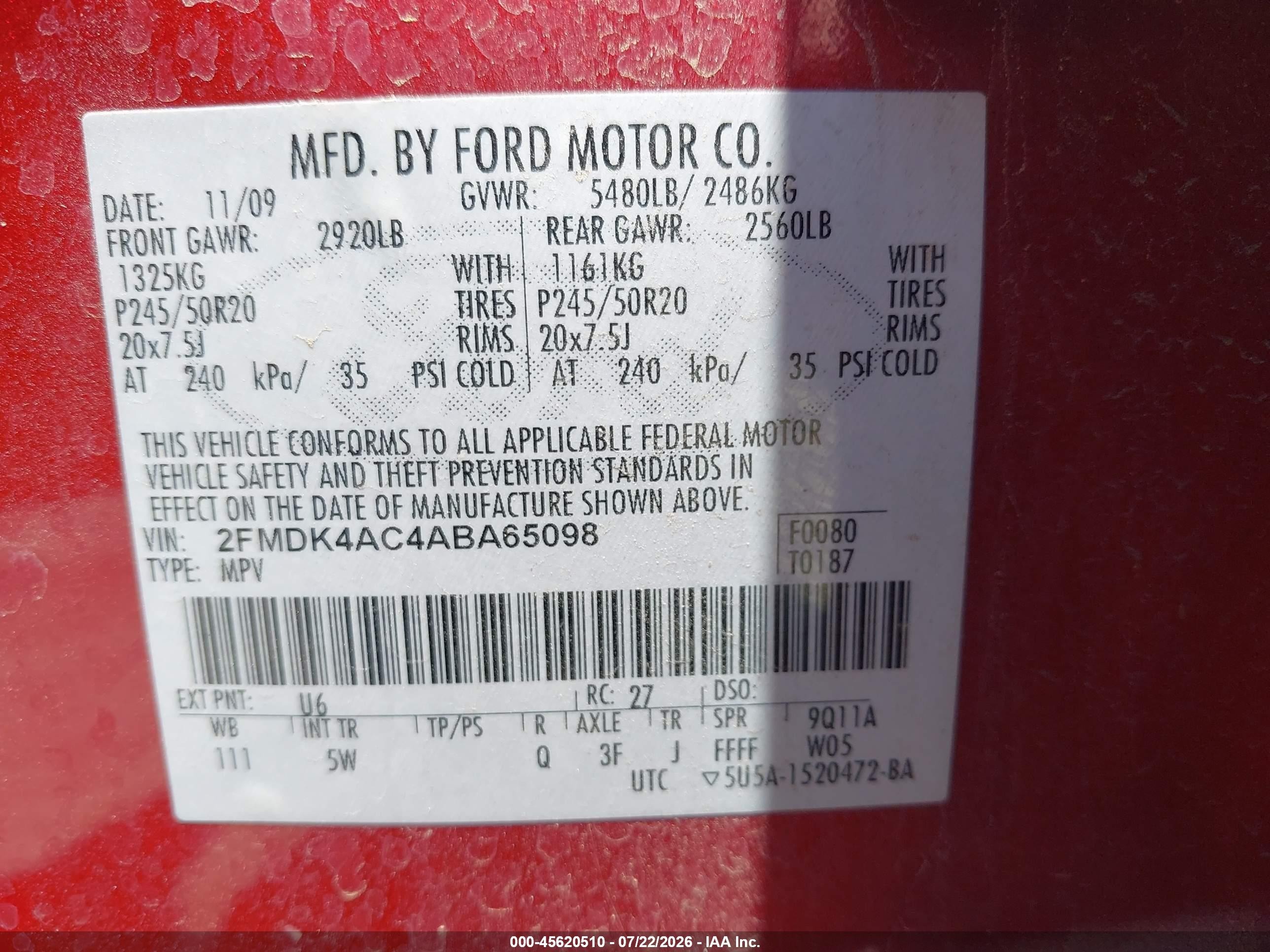 2010 Ford Edge Sport Red vin: 2FMDK4AC4ABA65098