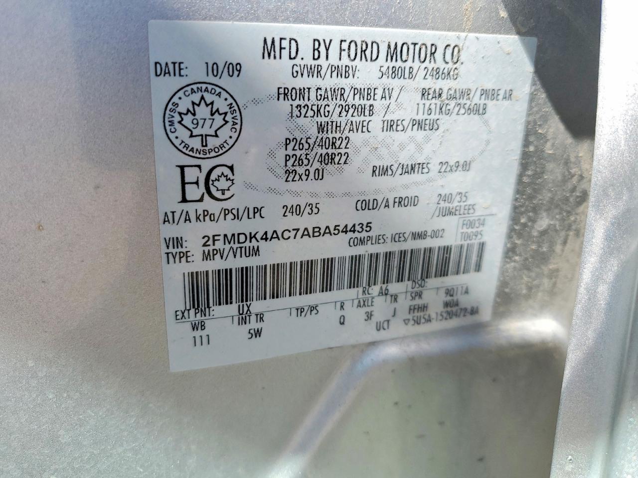 2010 Ford Edge Sport Silver vin: 2FMDK4AC7ABA54435