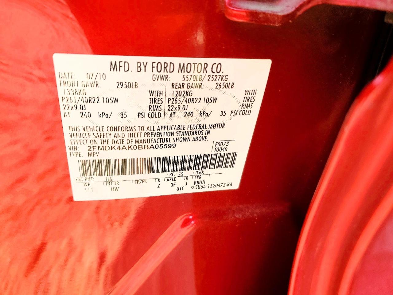2011 Ford Edge Sport Red vin: 2FMDK4AK0BBA05599