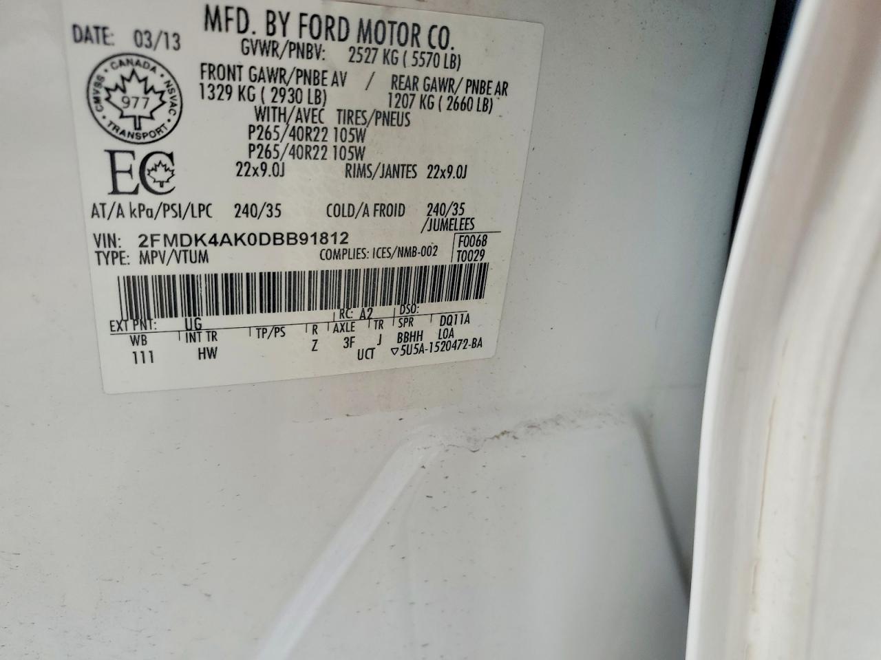 2013 Ford Edge Sport White vin: 2FMDK4AK0DBB91812