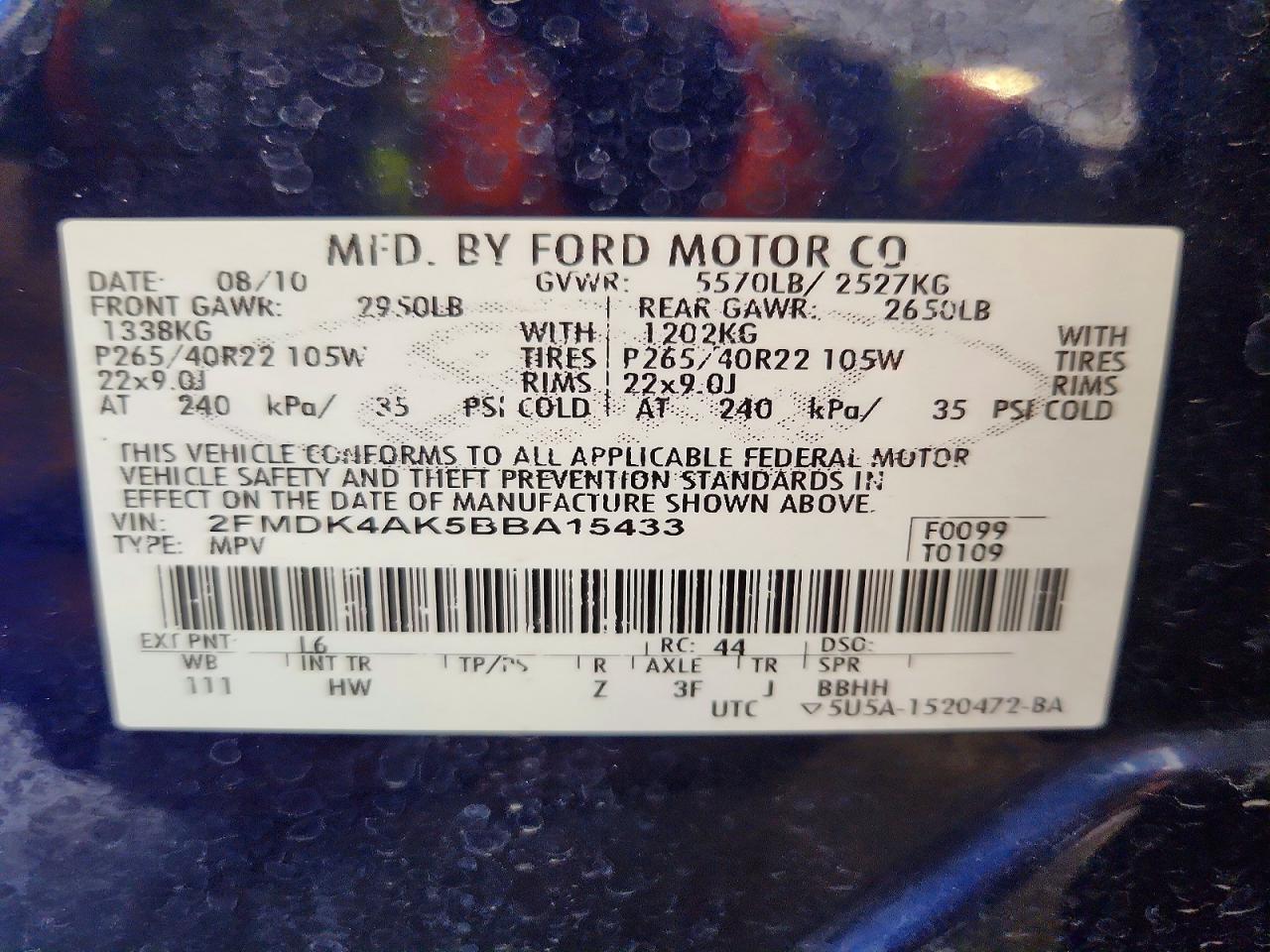 2011 Ford Edge Sport Blue vin: 2FMDK4AK5BBA15433