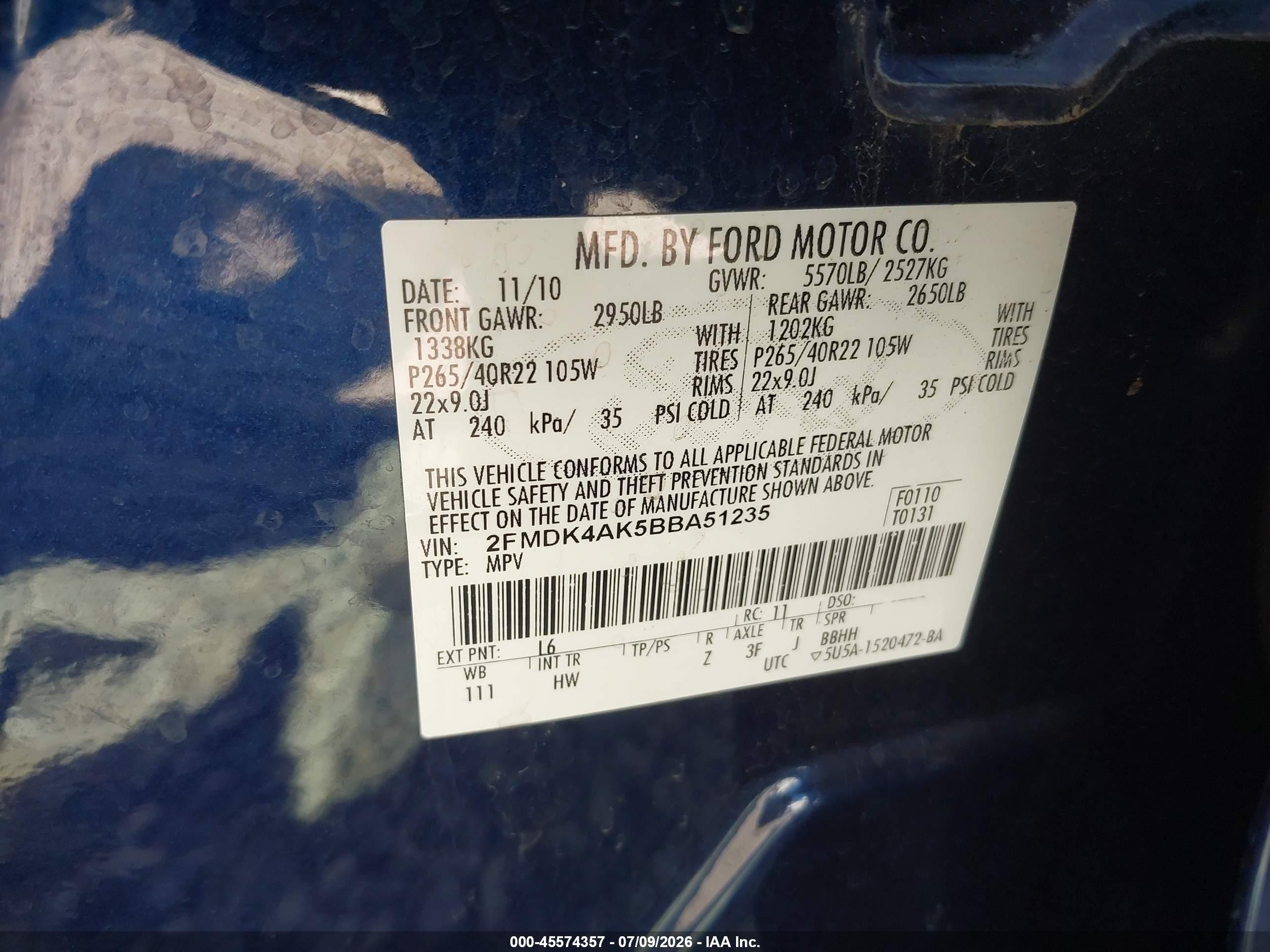 2011 Ford Edge Sport Dark Blue vin: 2FMDK4AK5BBA51235