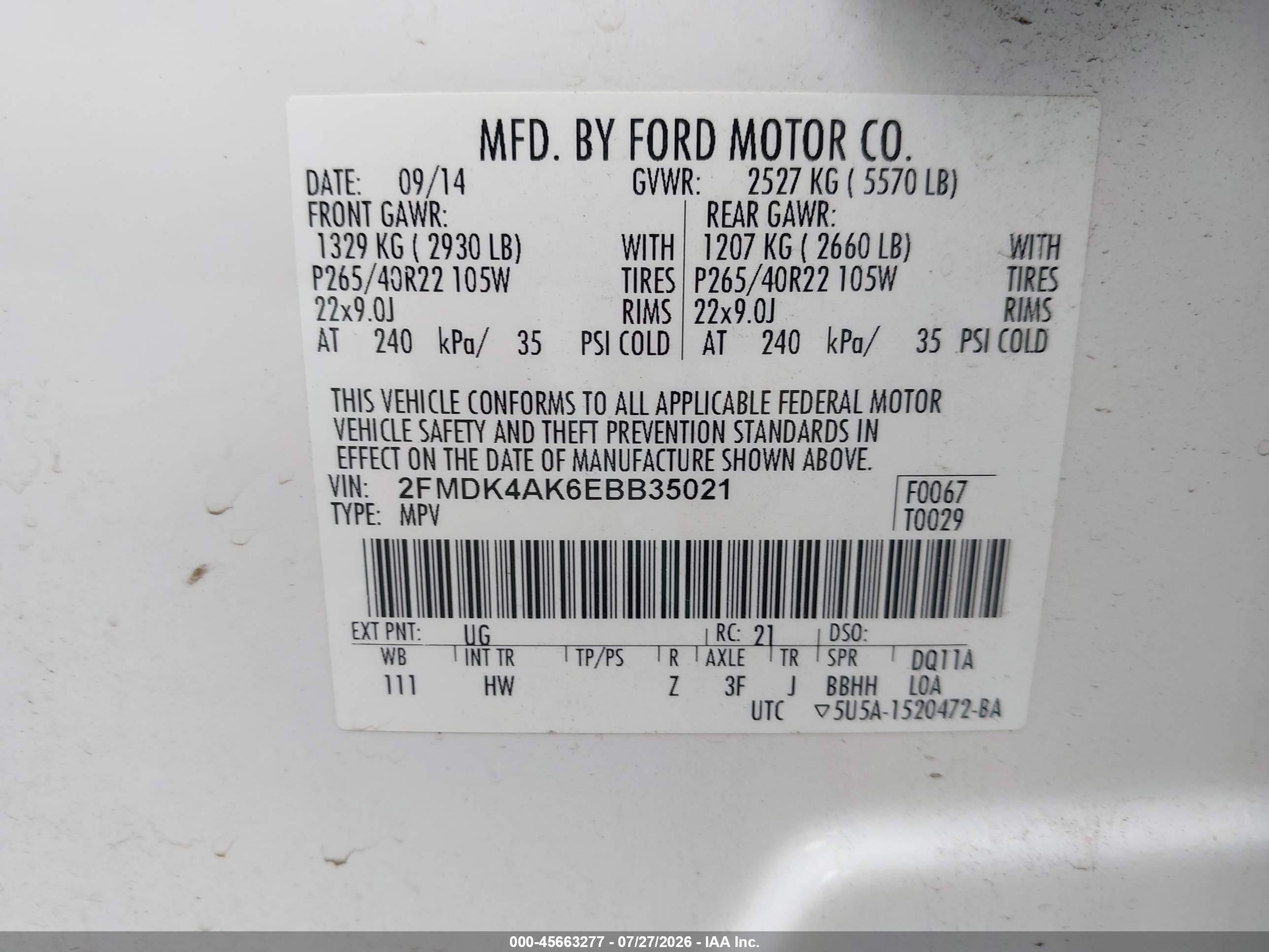2014 Ford Edge Sport White vin: 2FMDK4AK6EBB35021